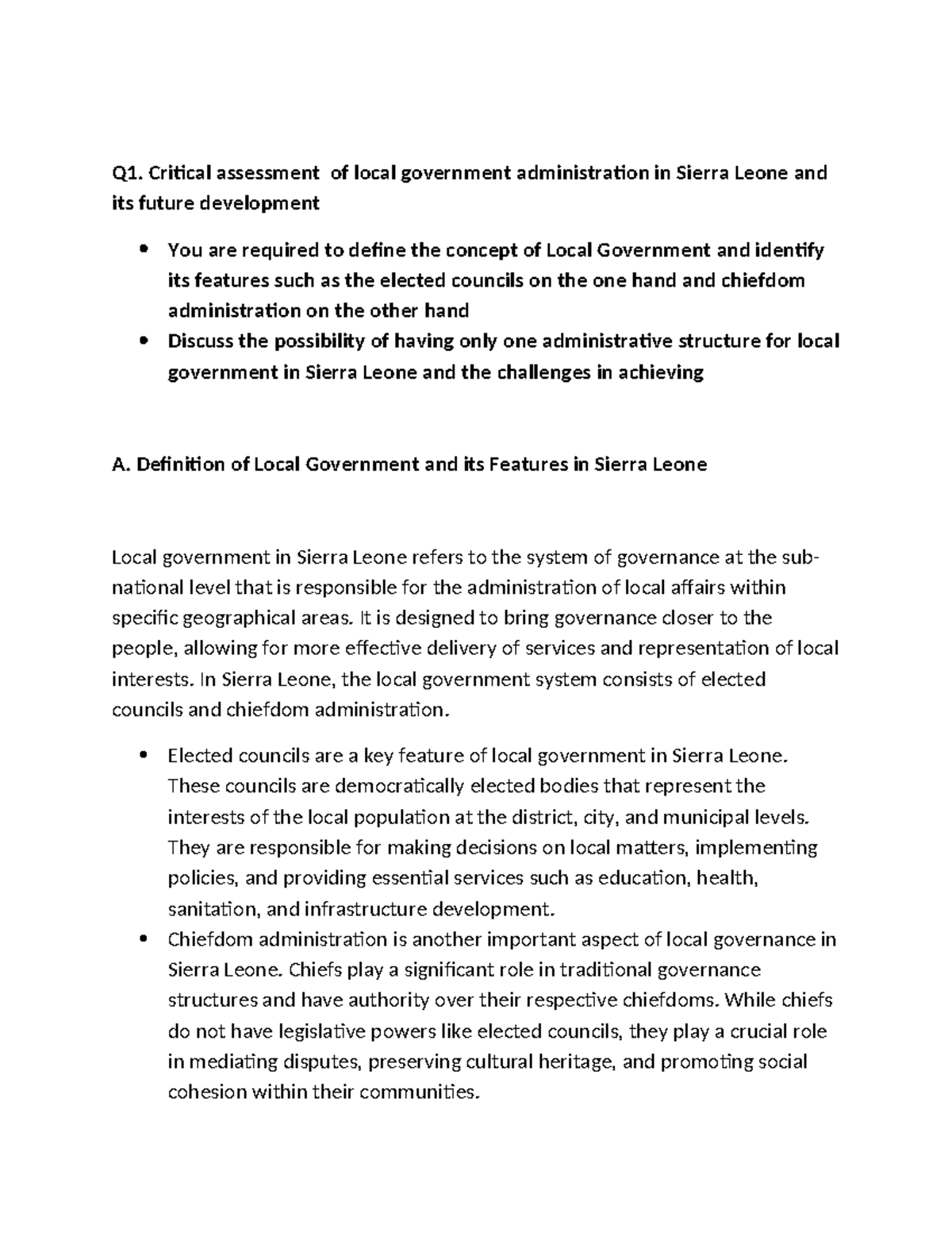 NOTE ON Comparative Local Governance - Q1. Critical assessment of local ...