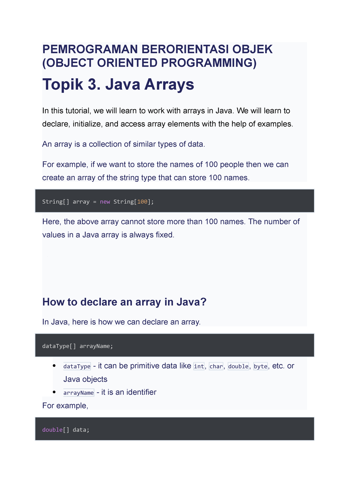 Topik 3 Oop Java Array Pemrograman Berorientasi Objek Object Oriented Programming Topik 5779