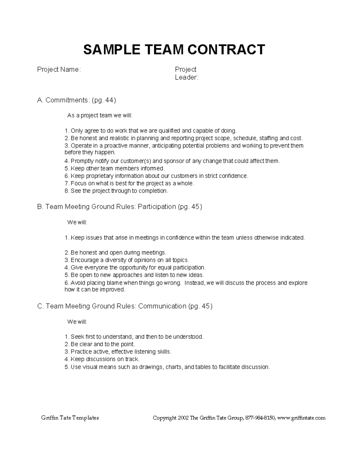 Team Contract Template - Griffin Tate Templates Copyright 2002 The ...