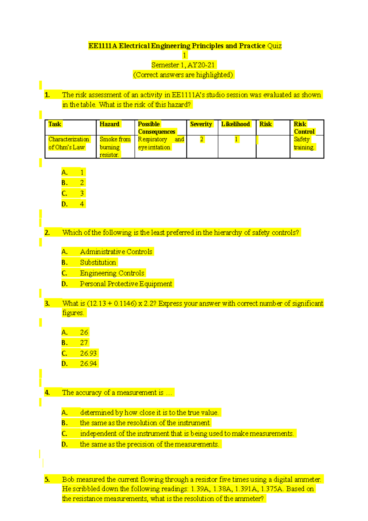 Ee1111 A Quiz 1 Sem1 Ay2021 With Answers And Explanations Updated Ee1111a Electrical Ee1111 A Quiz 1 Sem1 Ay2021 With Answers And Explanations Updated Ee1111a Electrical