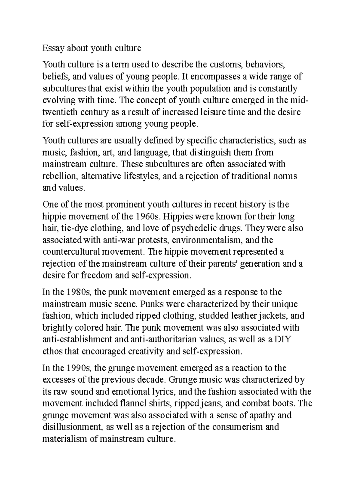 essay on youth culture