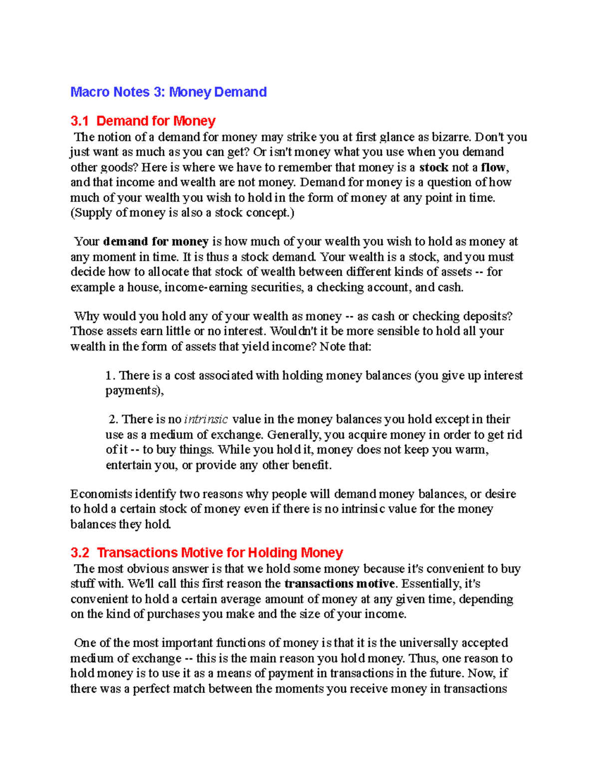 Money demand notes - Studied under quantitative Finance. - Macro Notes ...
