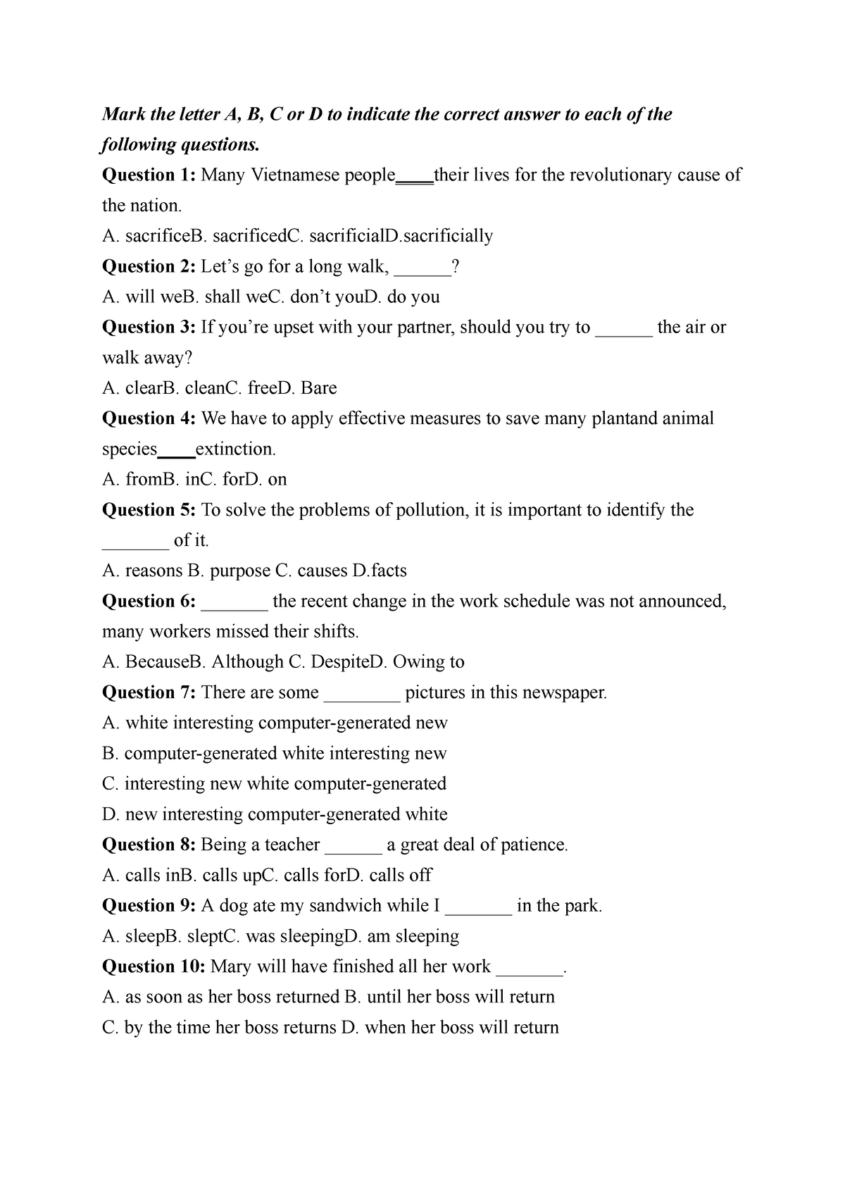 Lợi - Tiếng Anh - Mark The Letter A, B, C Or D To Indicate The Correct ...