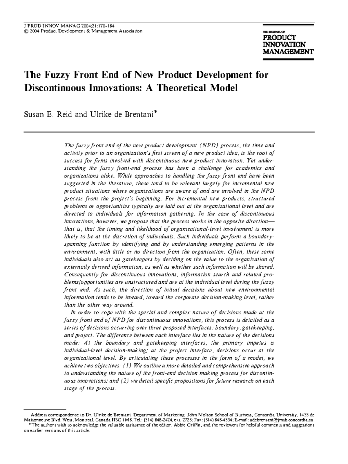Reid, de Brentani 2004 The Fuzzy Front End of New Product Development ...
