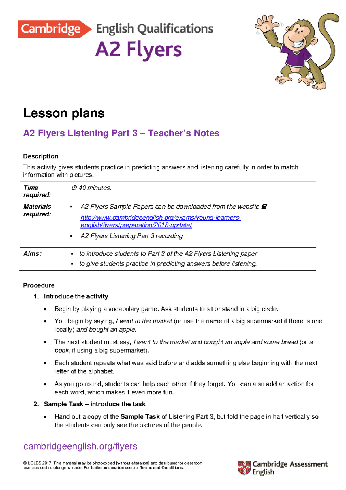 A2 Flyers 2018 Listening Part 3 - © UCLES 2017. This material may be ...