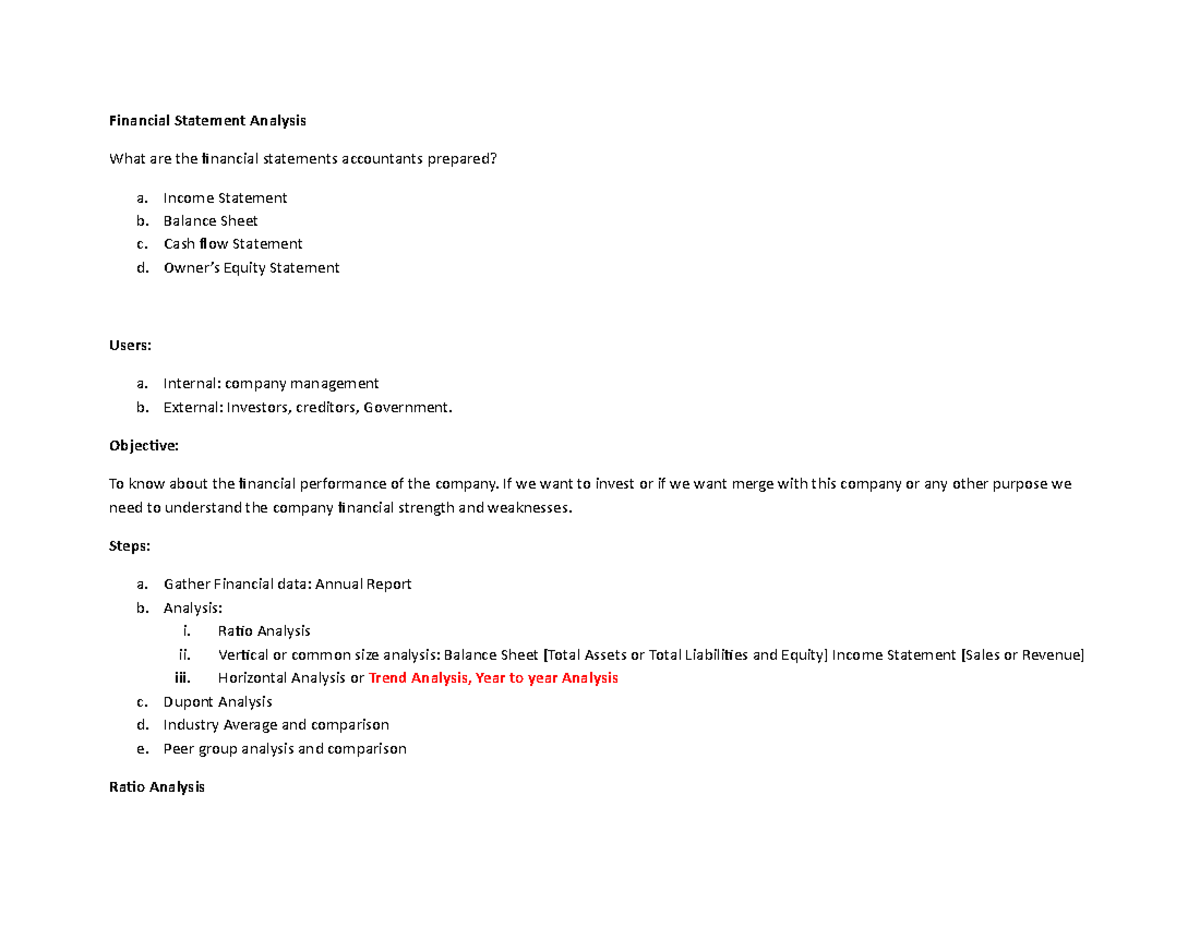 Financial Statement Analysis - Income Statement b. Balance Sheet c ...