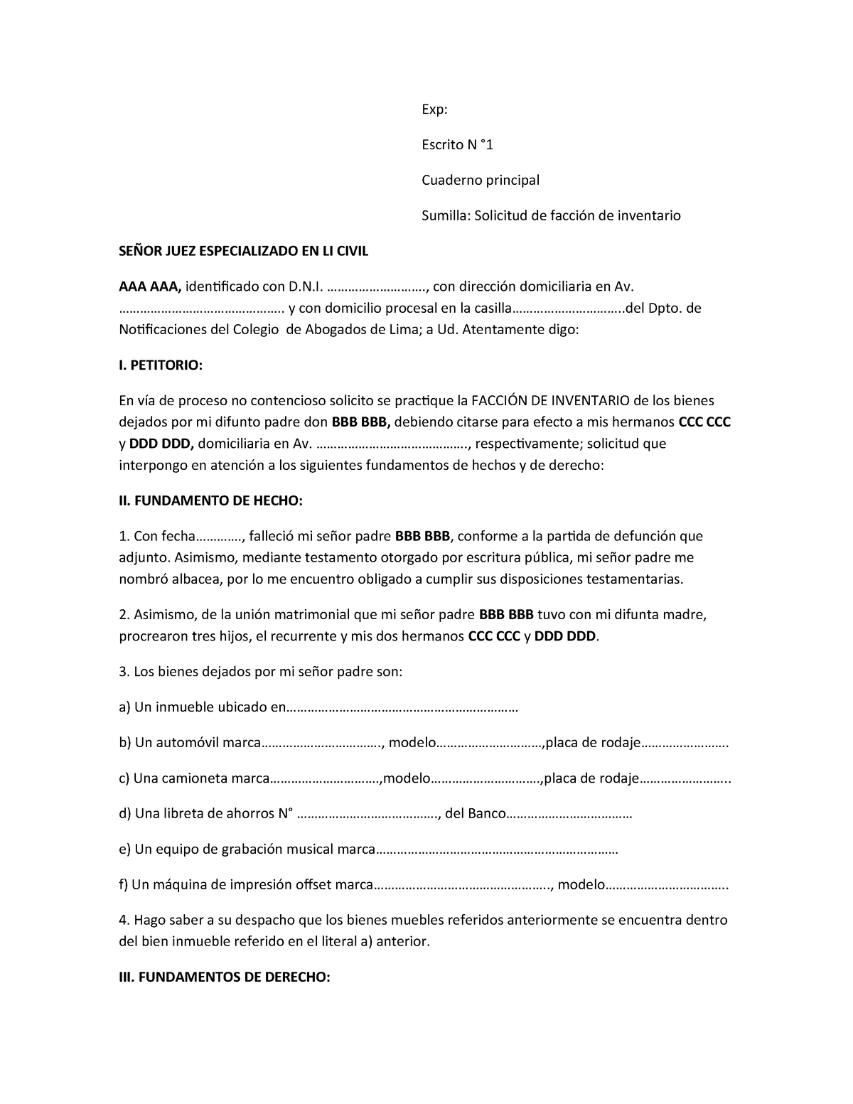 Demanda Solicitud De Faccion De Inventario Compress Exp Escrito N ° Cuaderno Principal 2306