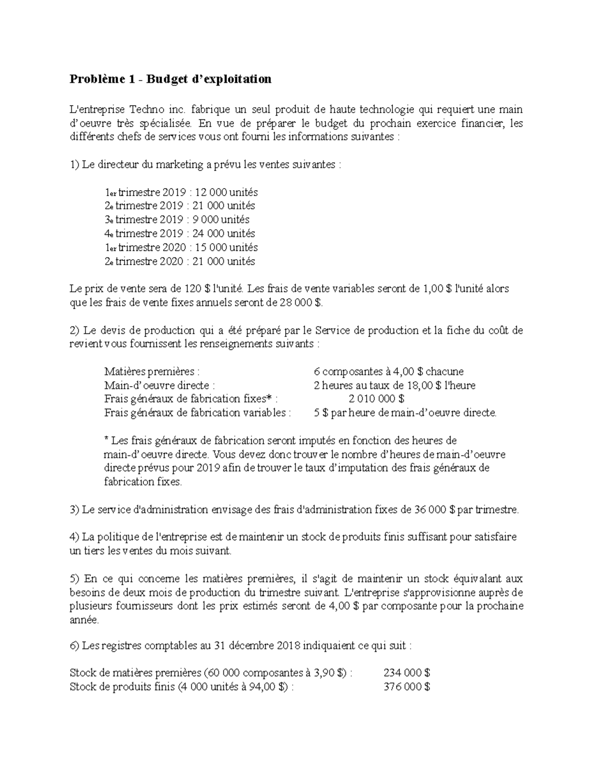 Problème Budget d'exploitation Question - Problème 1 - Budget d ...