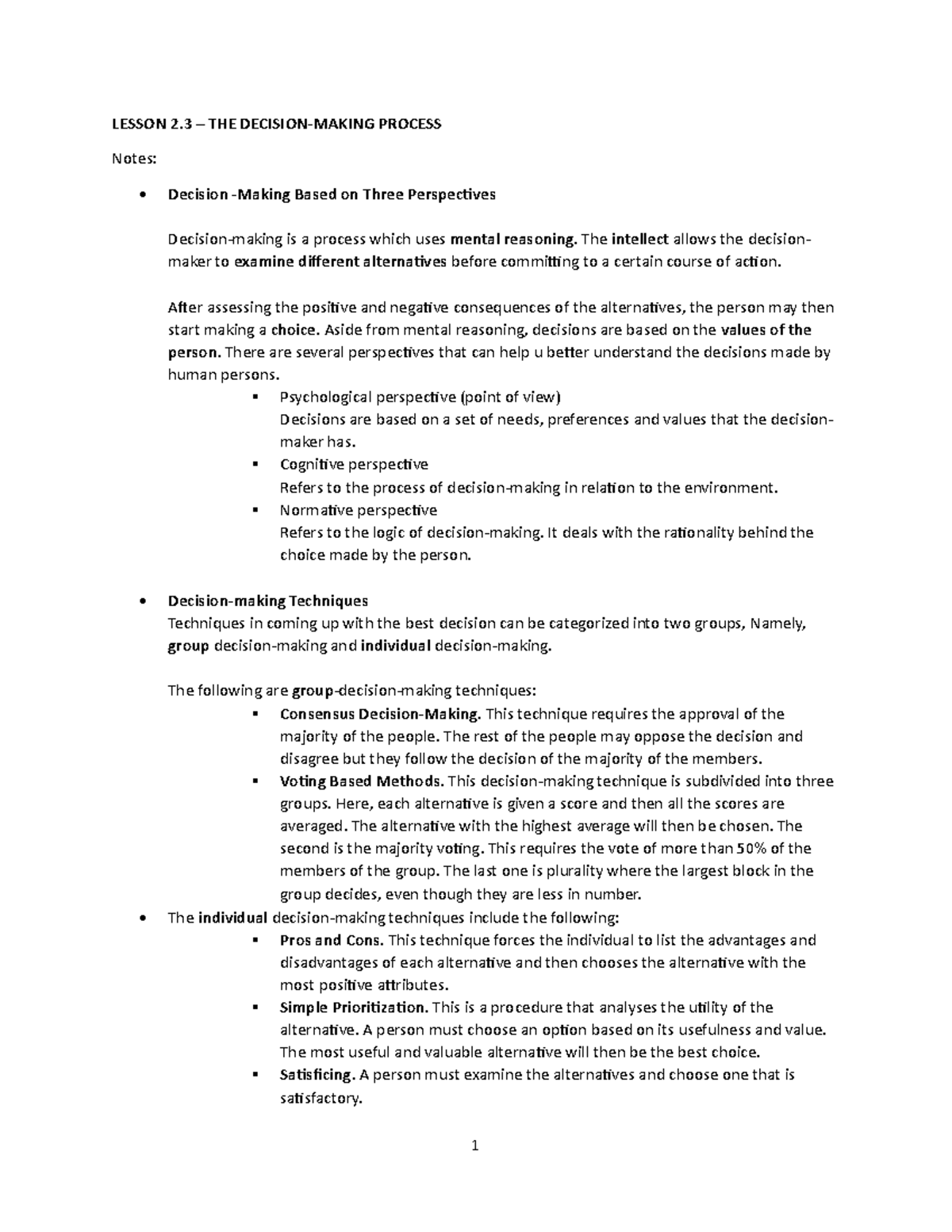 Lesson+2.3+Decision+Making+Process - 1 LESSON 2 – THE DECISION-MAKING ...