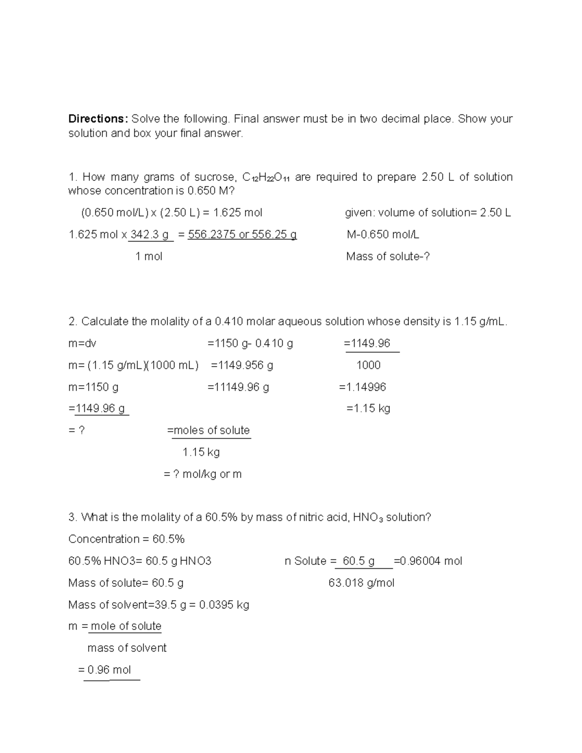 Chemistry Solving compounds - Directions: Solve the following. Final ...