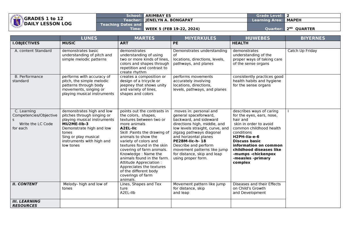 Mapeh 2ND Q WEEK 5 - GRADES 1 to 12 DAILY LESSON LOG School: ARIMBAY ES ...