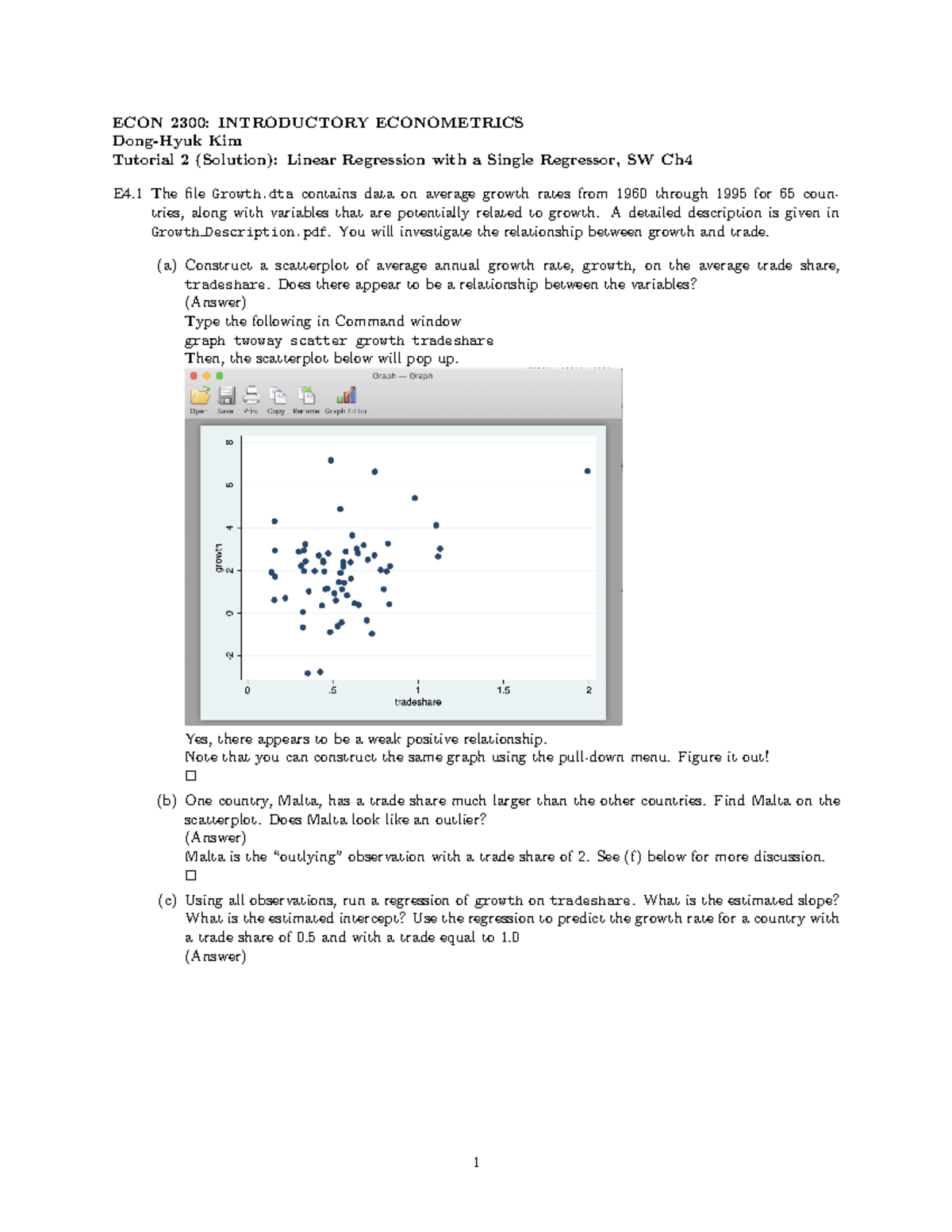 Tutorial 2 Solution - Introductory Econometrics ECON2300 - Lecture ...