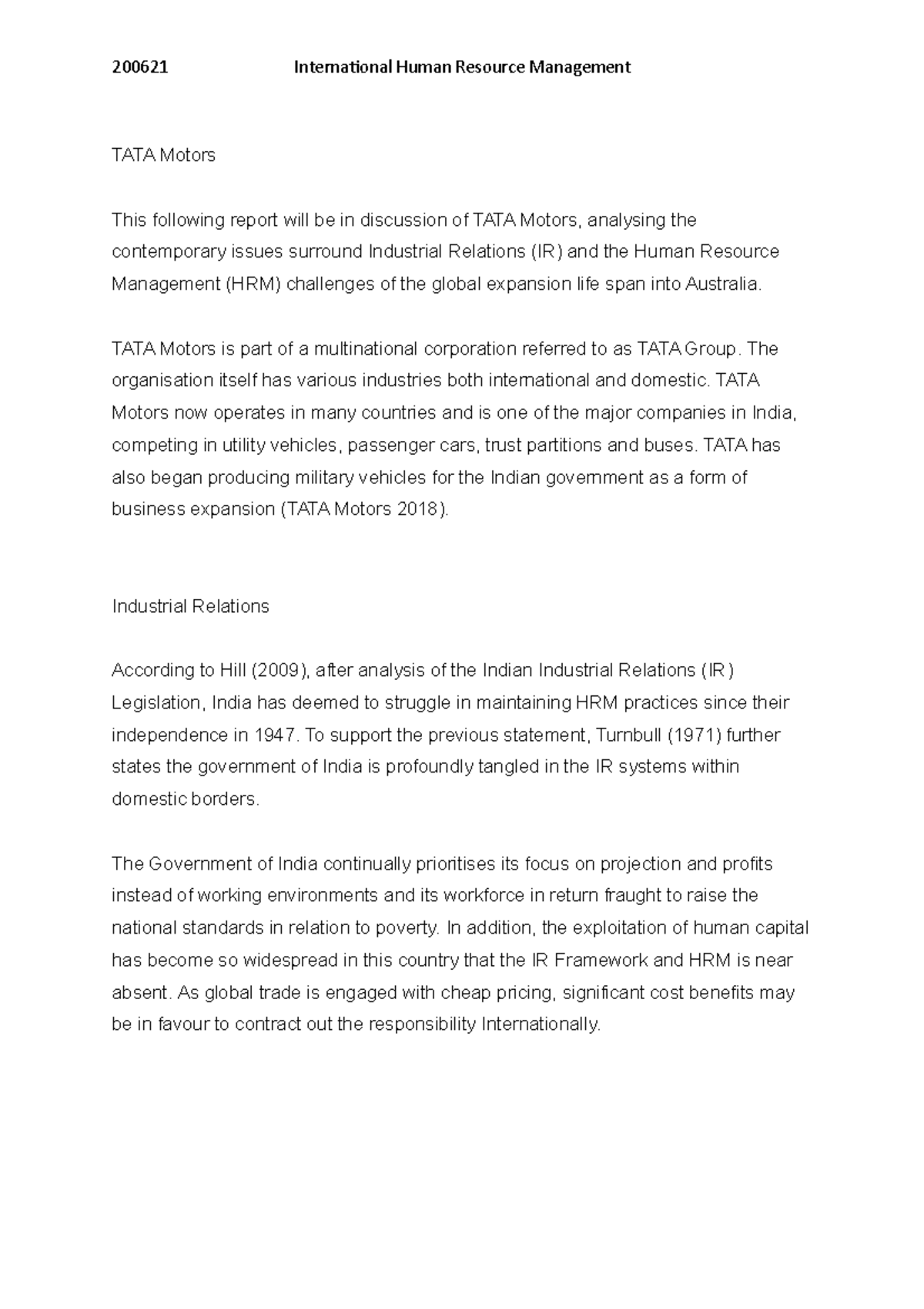 TATA Motors 2B report - 200621 International Human Resource Management ...