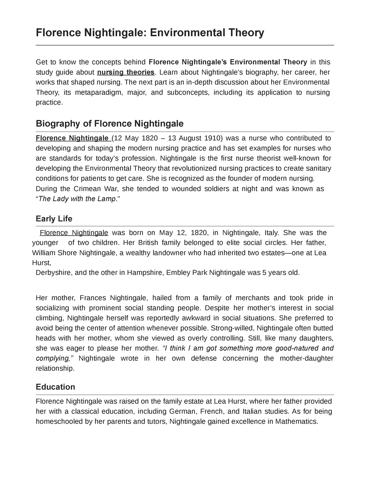 Florence Nightingale: Environmental Theory and Biography - Nurseslabs