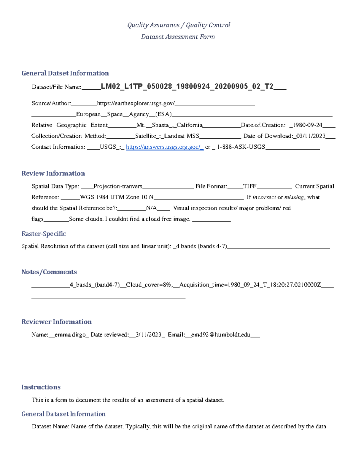 Quality Assurance Form(1) - Quality Assurance / Quality Control Dataset ...