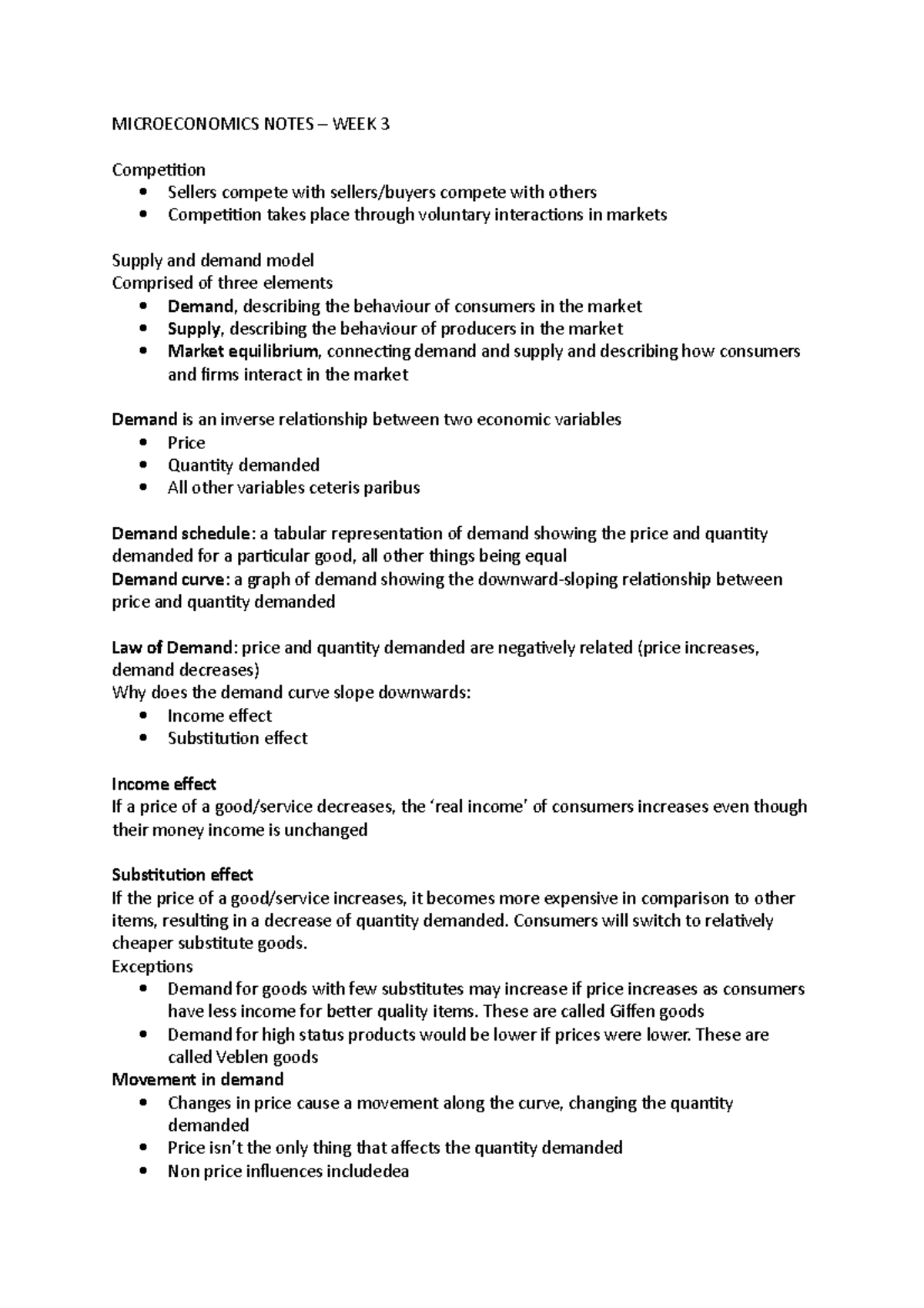 Microeconomics Notes week 3 - MICROECONOMICS NOTES – WEEK 3 Competition ...
