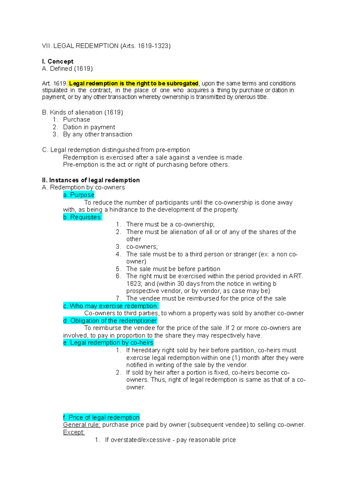 Legal-redemption - Lecture notes 1 - VII. LEGAL REDEMPTION (Arts. 1619 ...