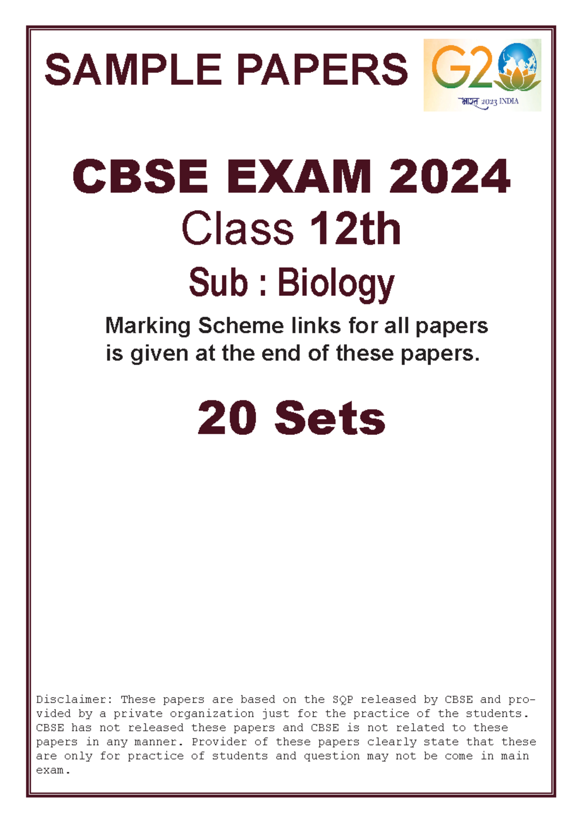 SQP 20 Sets Biology - SAMPLE PAPERS CBSE EXAM 2024 Class 12th 20 Sets ...