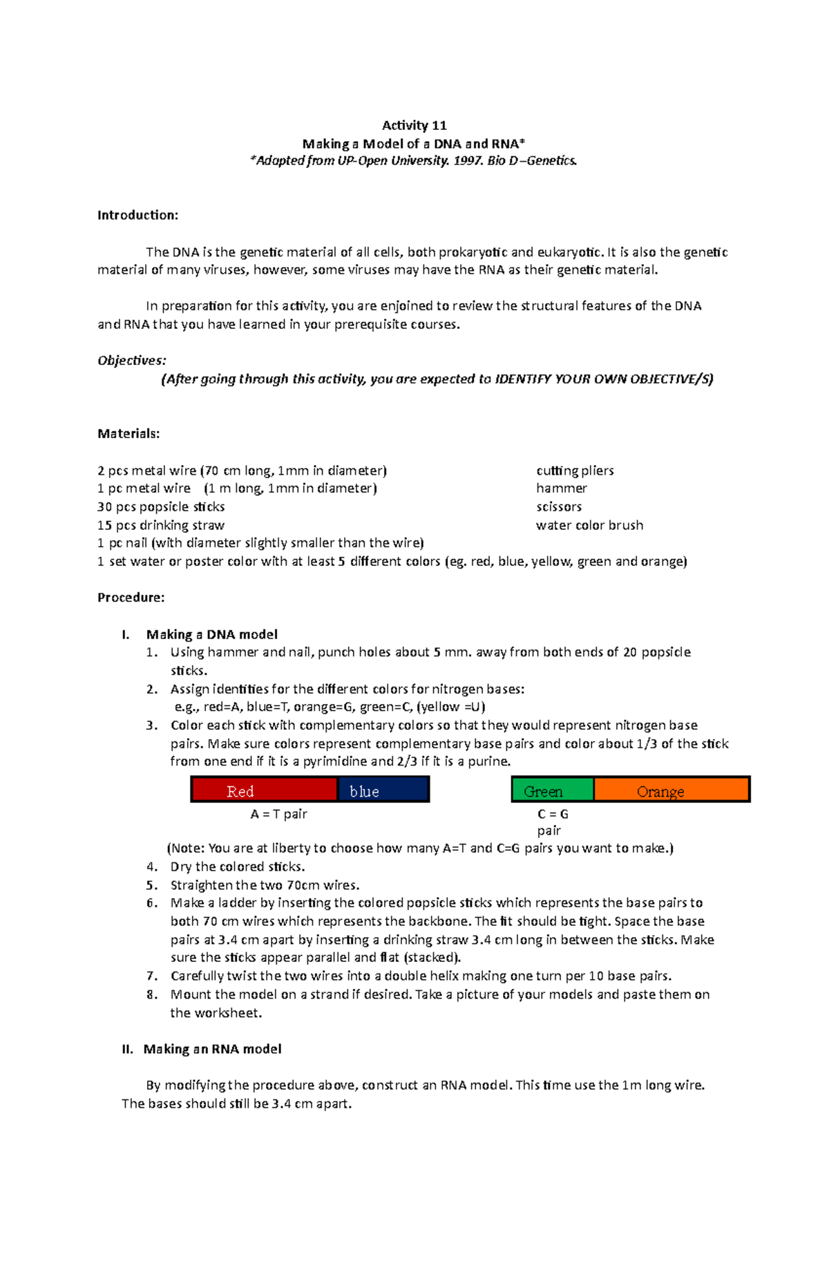 Making a Model of a DNA and RNA - Activity 11 Making a Model of a DNA ...