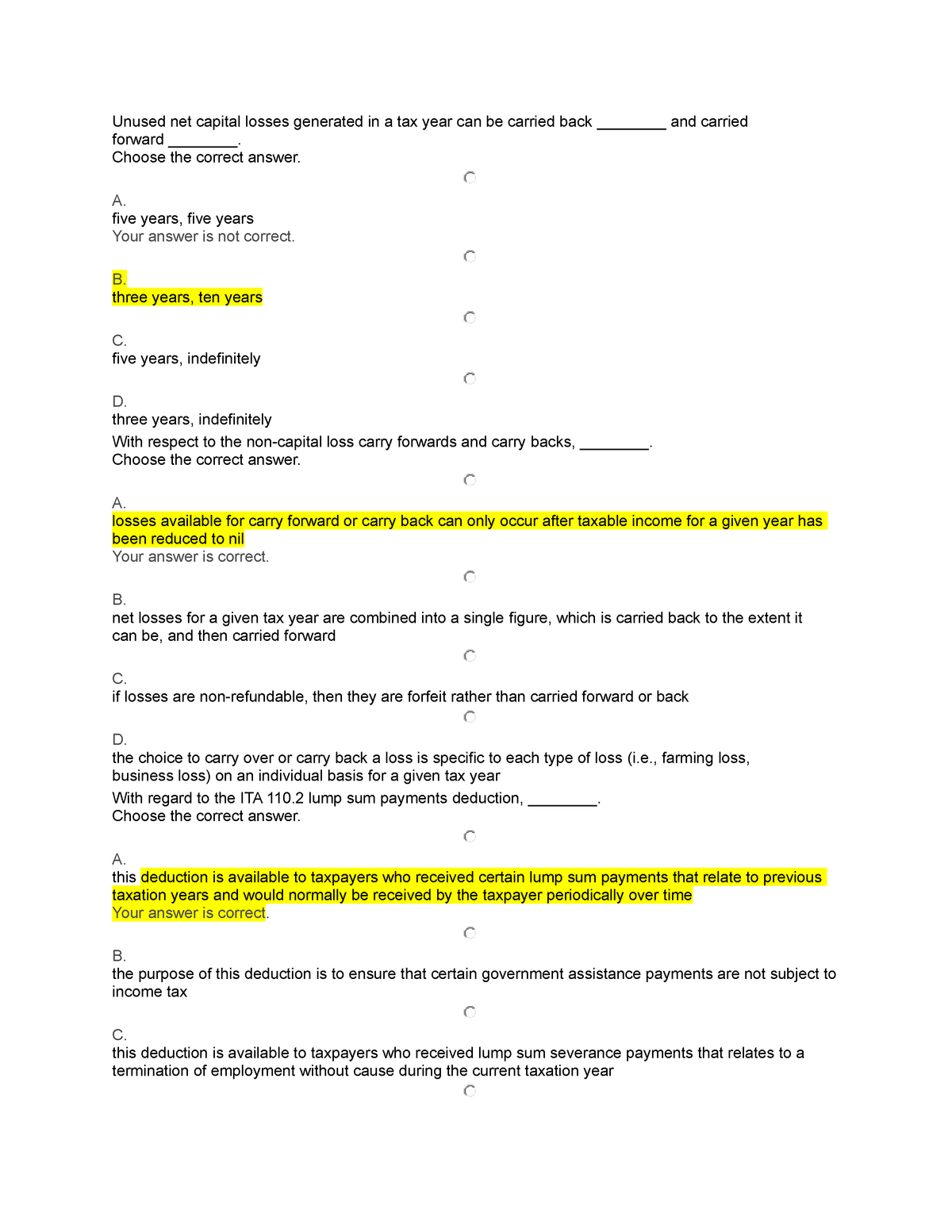 Sample Question For Tax 2 Unused Net Capital Losses Generated In A 