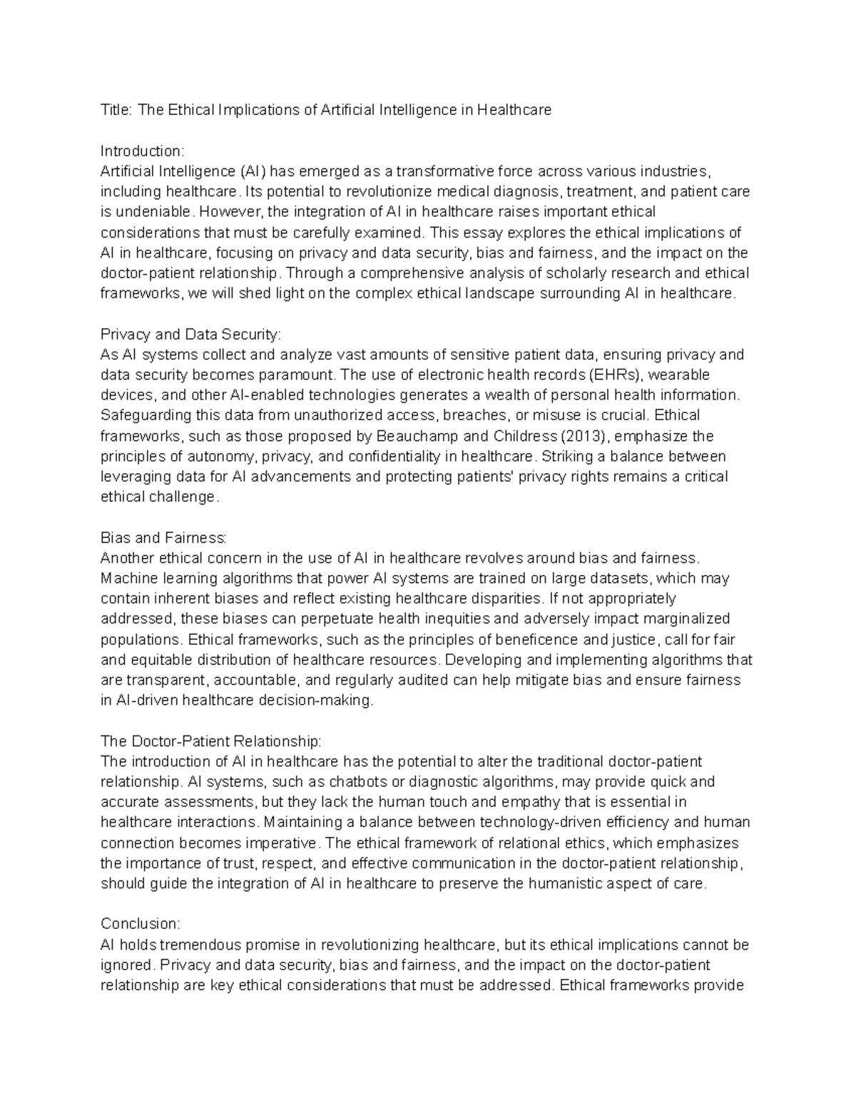 Title The Ethical Implications of Artificial Intelligence in Healthcare ...
