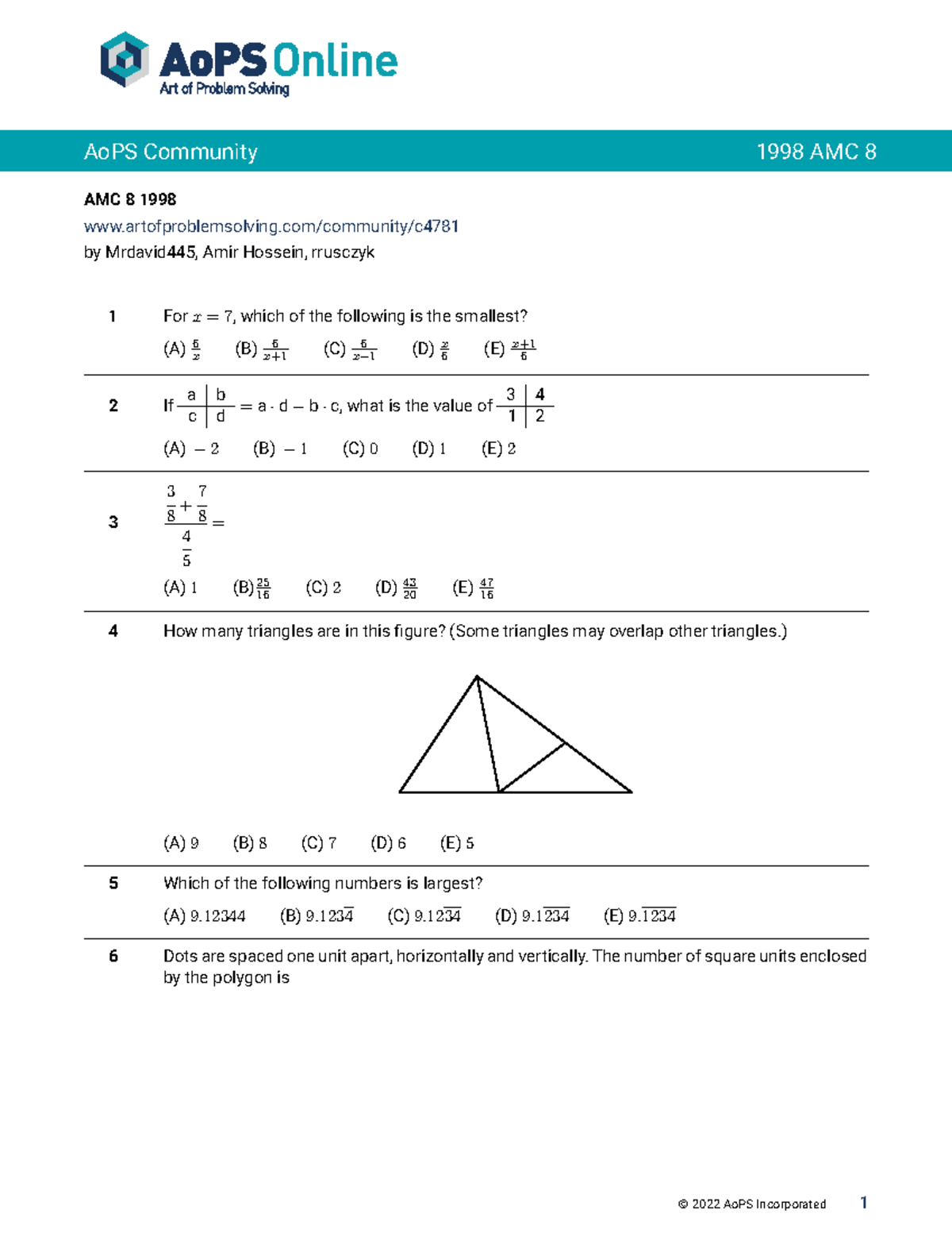 1998 - notes for mathematics - AMC 8 1998 artofproblemsolving/community ...