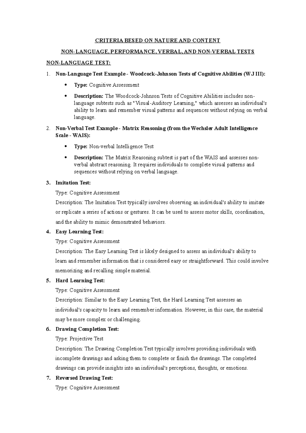 Tests - Stat - CRITERIA BESED ON NATURE AND CONTENT NON-LANGUAGE ...