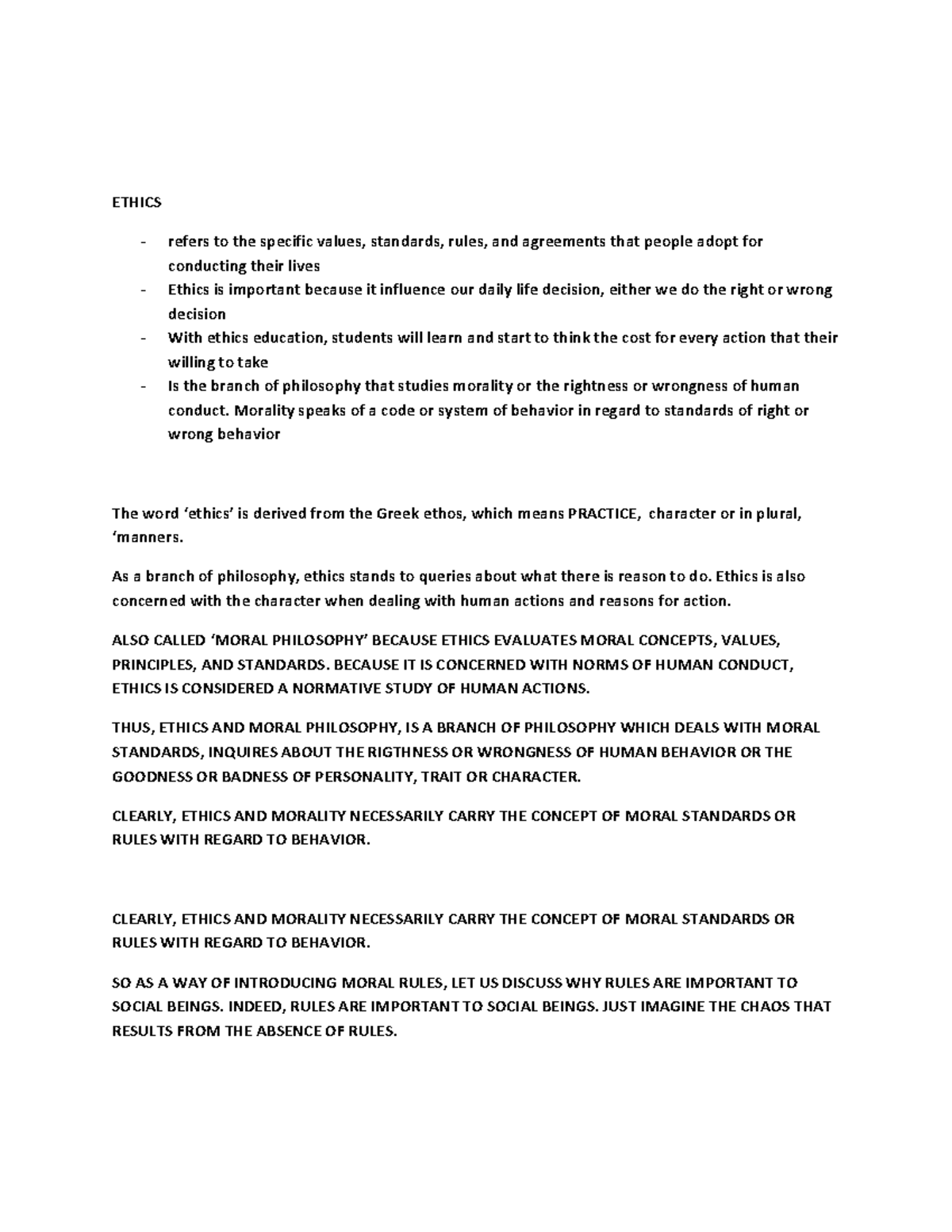 Ethics PUP -1 Written Report - ETHICS refers to the specific values ...
