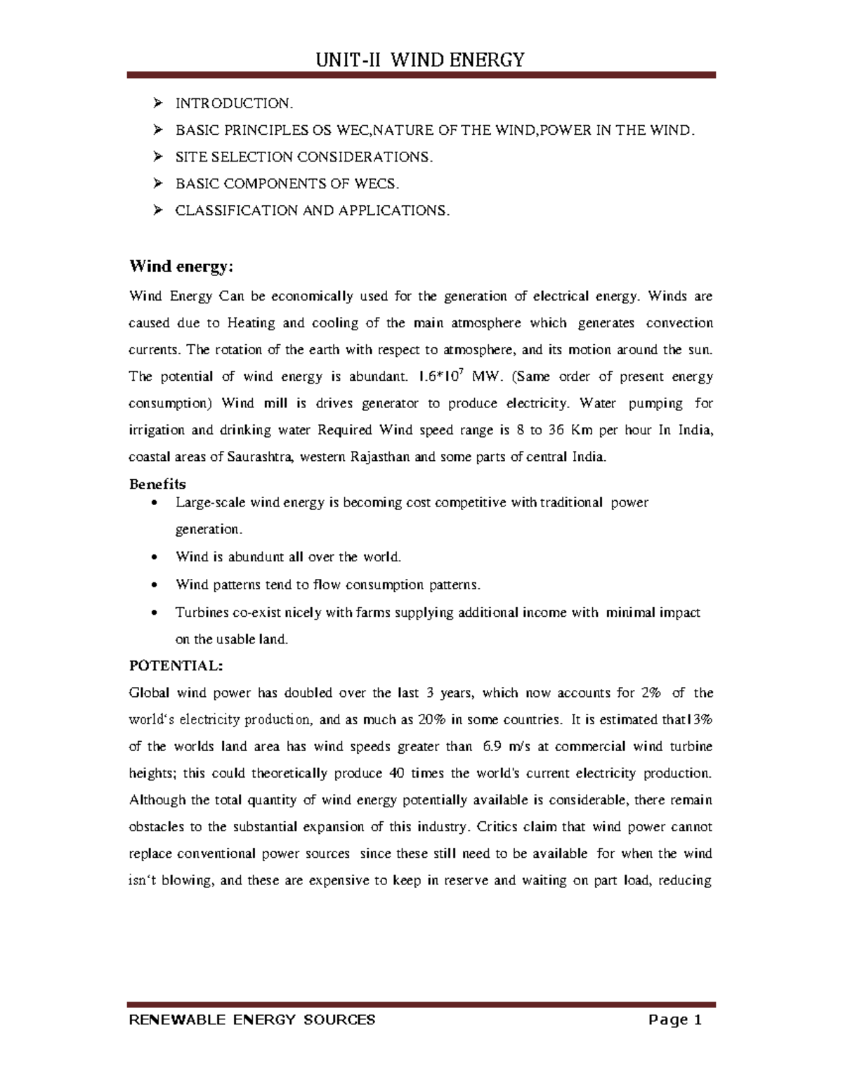 RES UNIT-2 WIND Energy Notes - INTRODUCTION. BASIC PRINCIPLES OS WEC ...