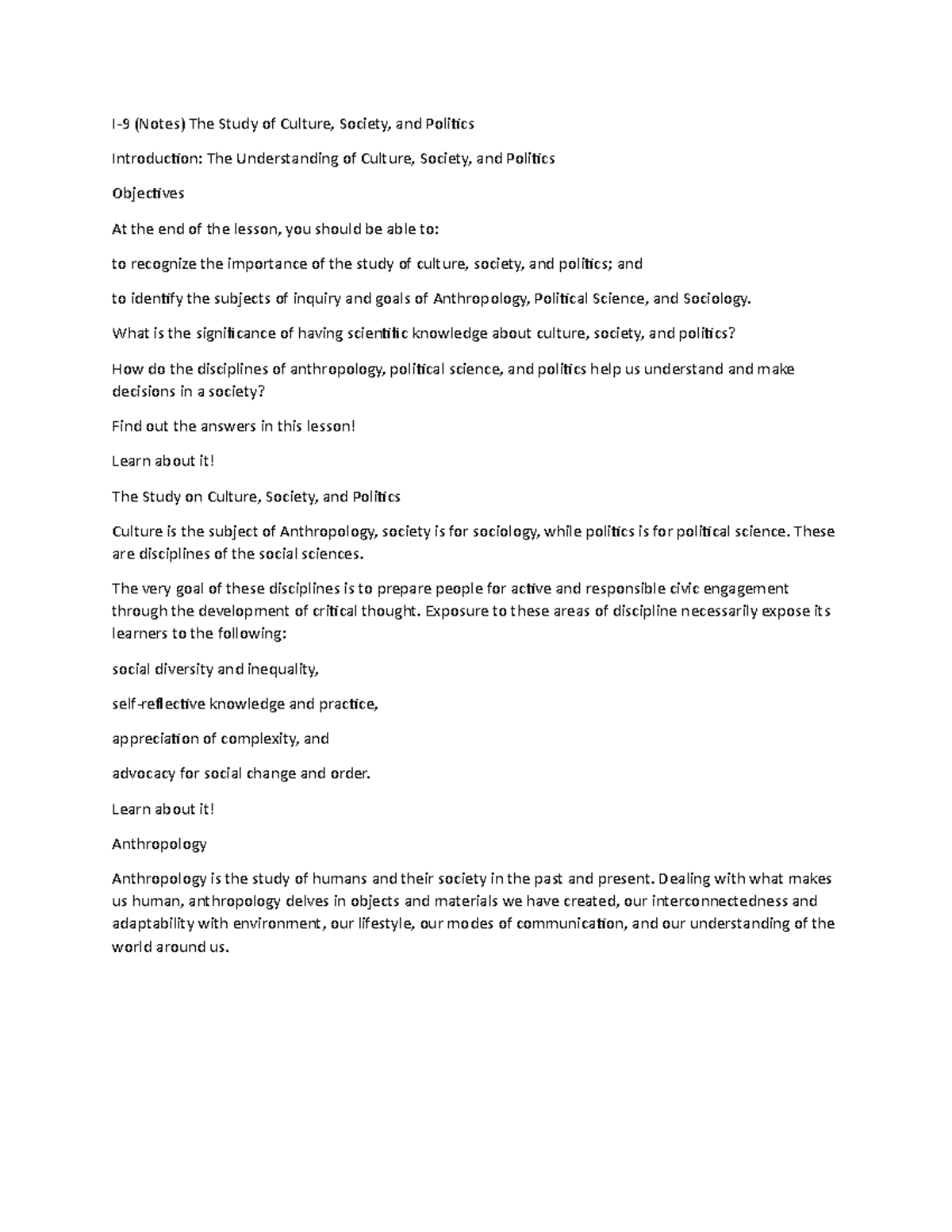 UCSP Notes l-9 - I-9 (Notes) The Study of Culture, Society, and ...