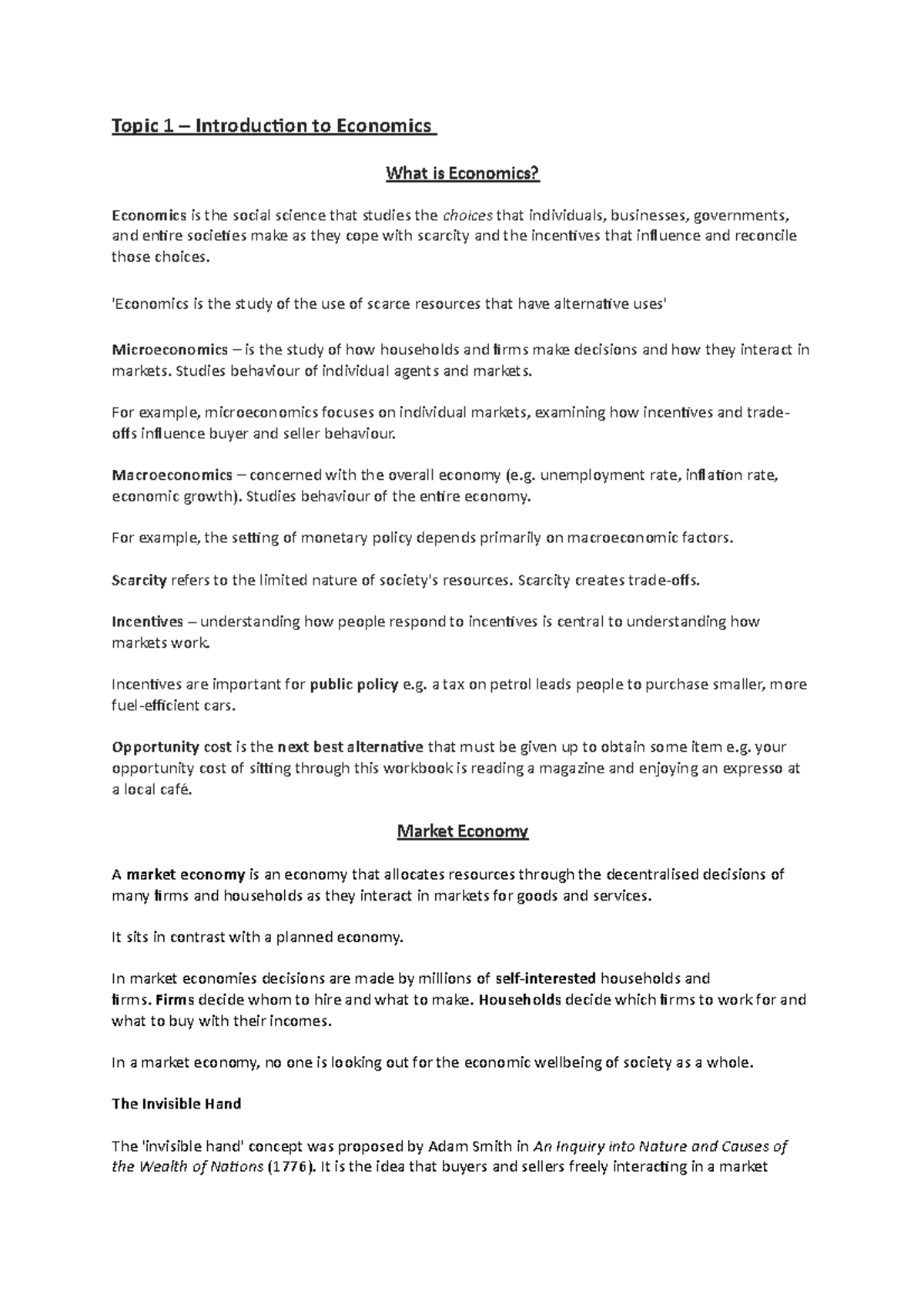 Economics Notes - Topic 1 – Introduction to Economics What is Economics ...