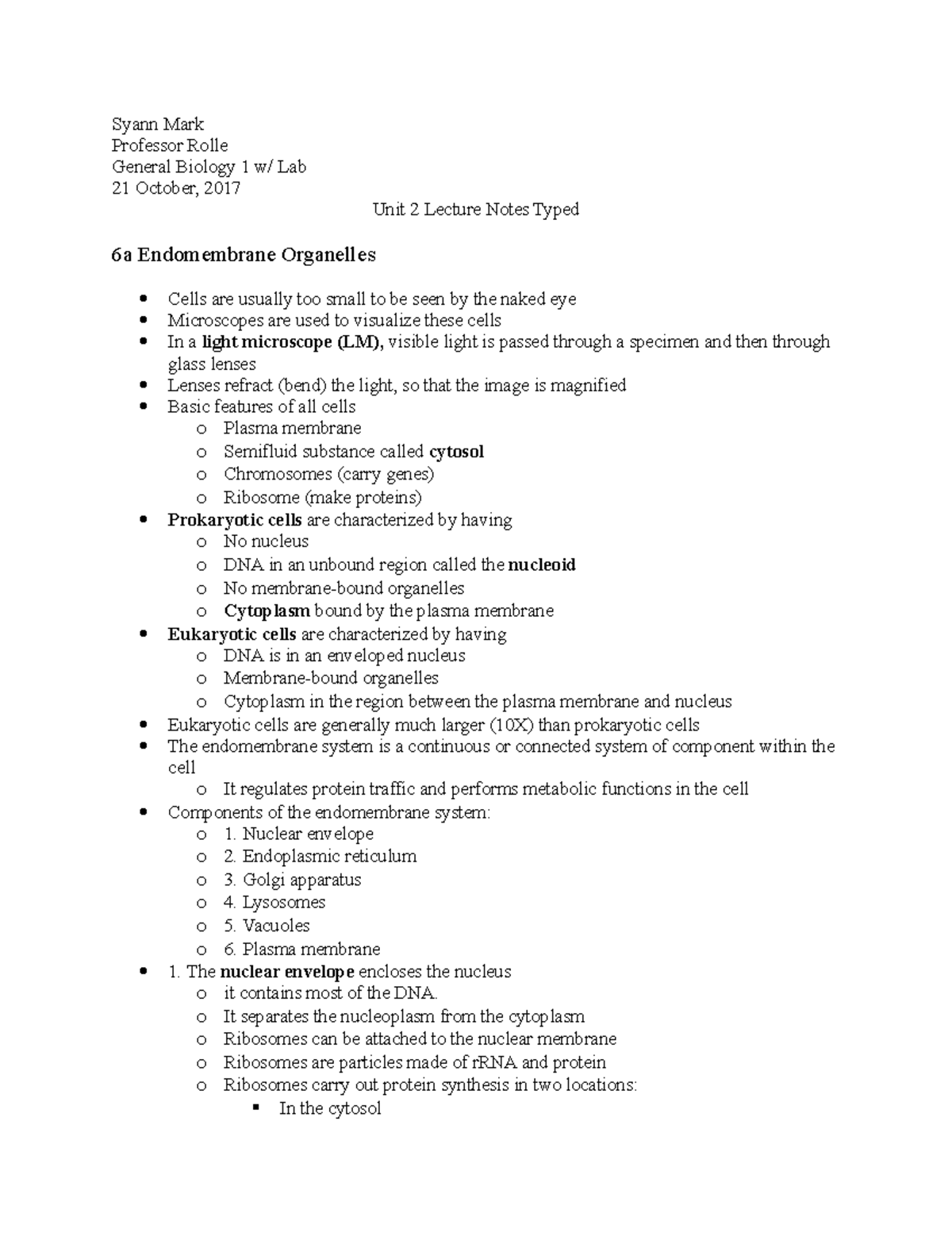 Unit 2 Lecture Notes Typed - Syann Mark Professor Rolle General Biology ...