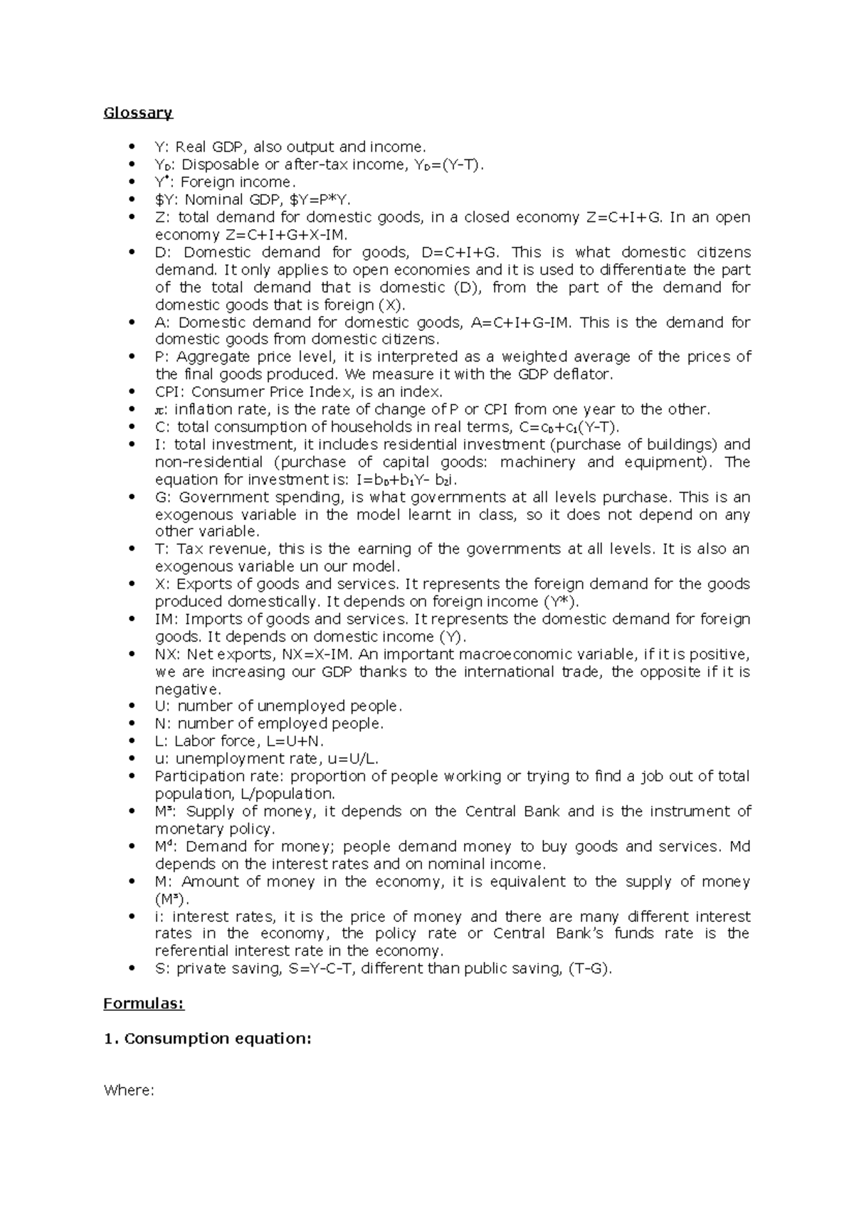 Glossary First part Glossary Y Real GDP, also output and YD Disposable or aftertax