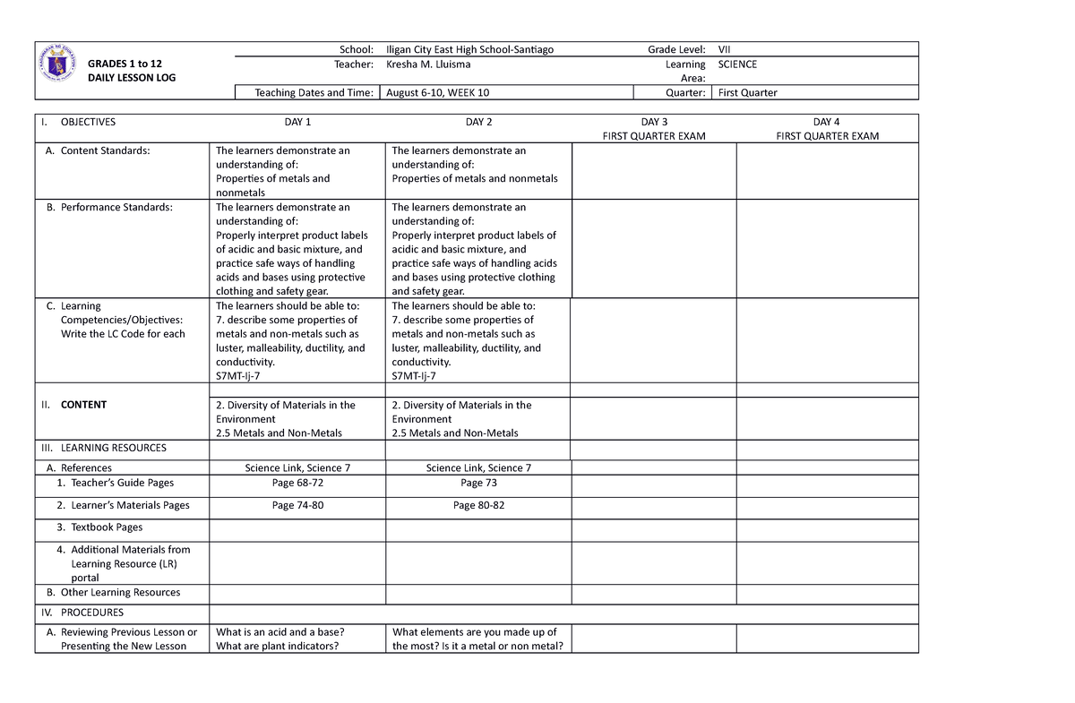 DLL Science Q1 W10 - LESSON PLAN IN BIOLOGY - GRADES 1 to 12 DAILY ...