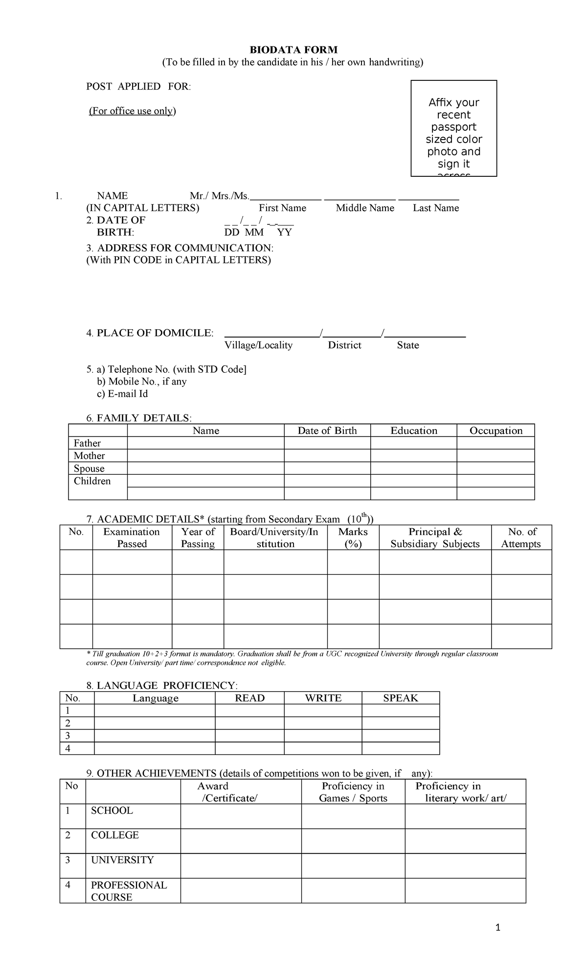 Biodata Form Format 5 - 1 Affix your recent passport sized color photo ...