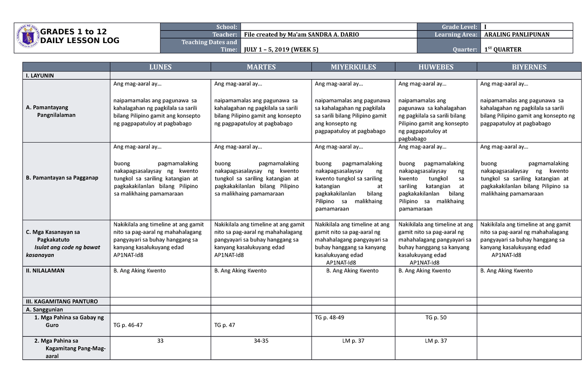 Dll Araling Panlipunan 1 Q1 W5 Grades 1 To 12 Daily Lesson Log School Grade Level I Teacher 8103