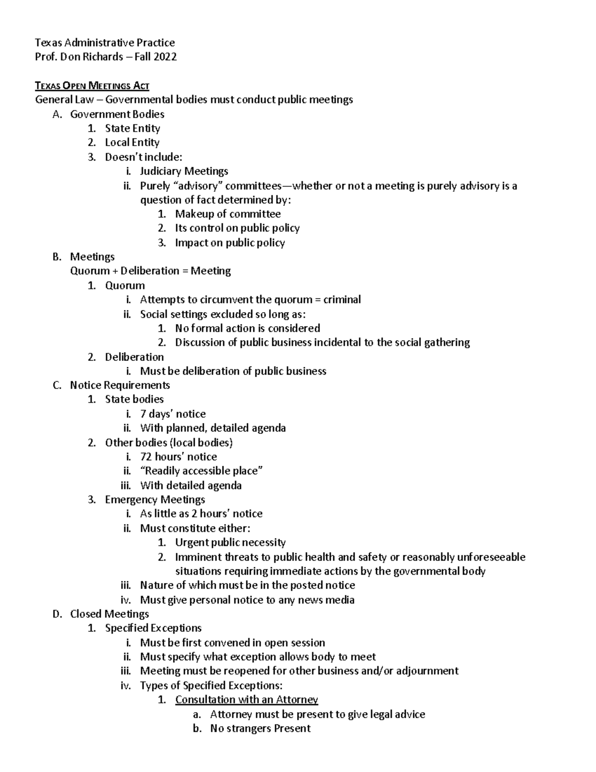 Texas Administrative Practice Outline - Prof. Don Richards – Fall 2022 ...