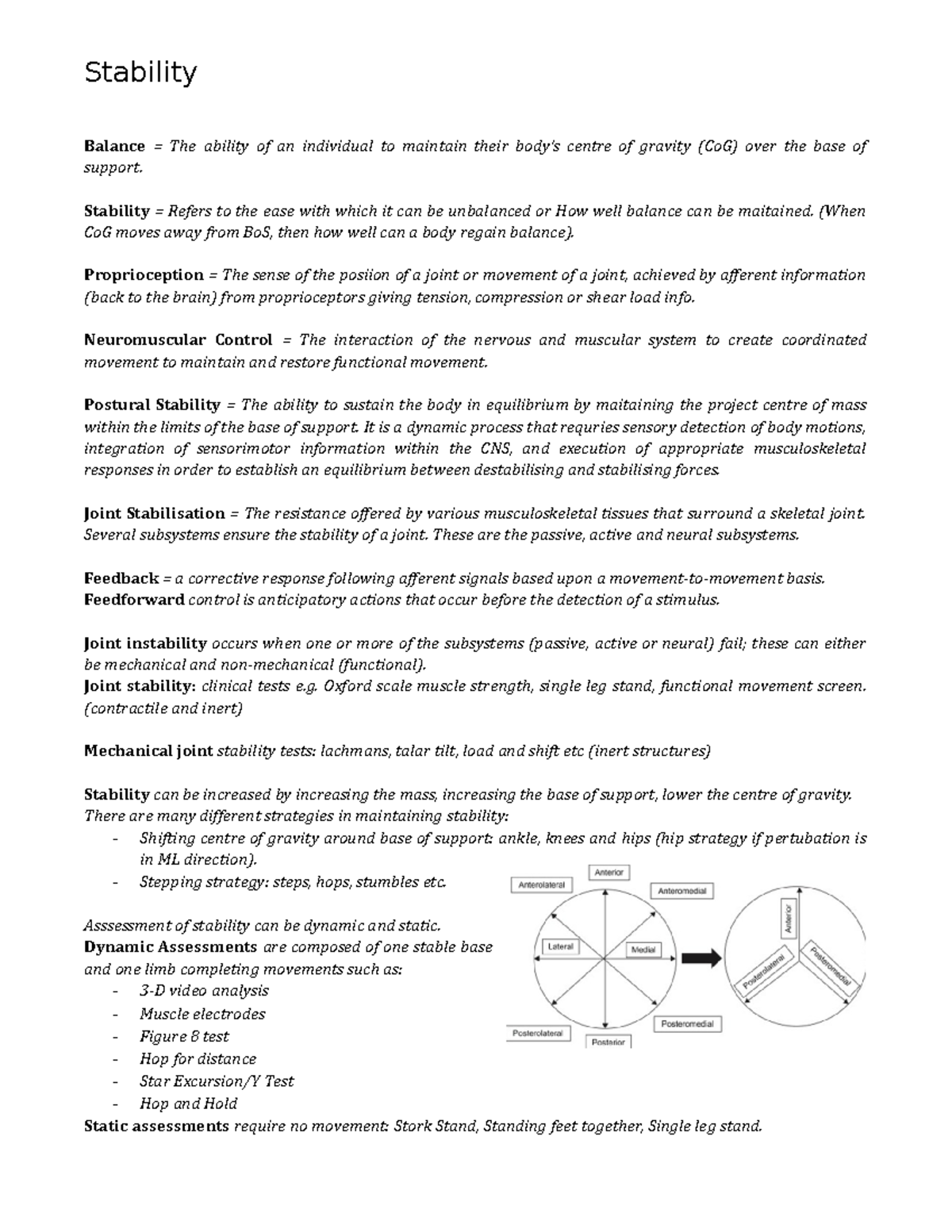 CB Full lecture notes from slides - Stability Balance = The ability of ...