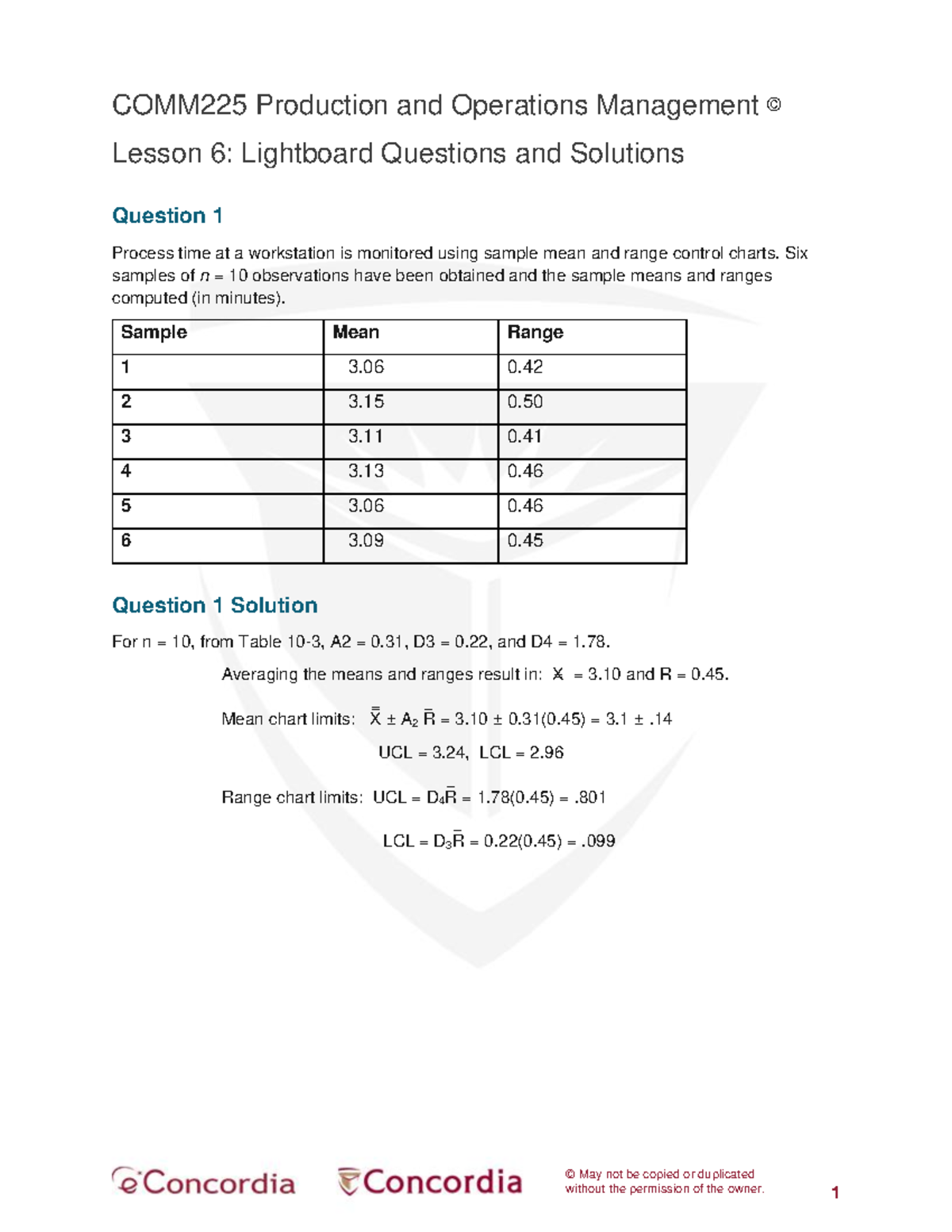 COMM225 L6 Questions and Solutions © May not be copied or duplicated