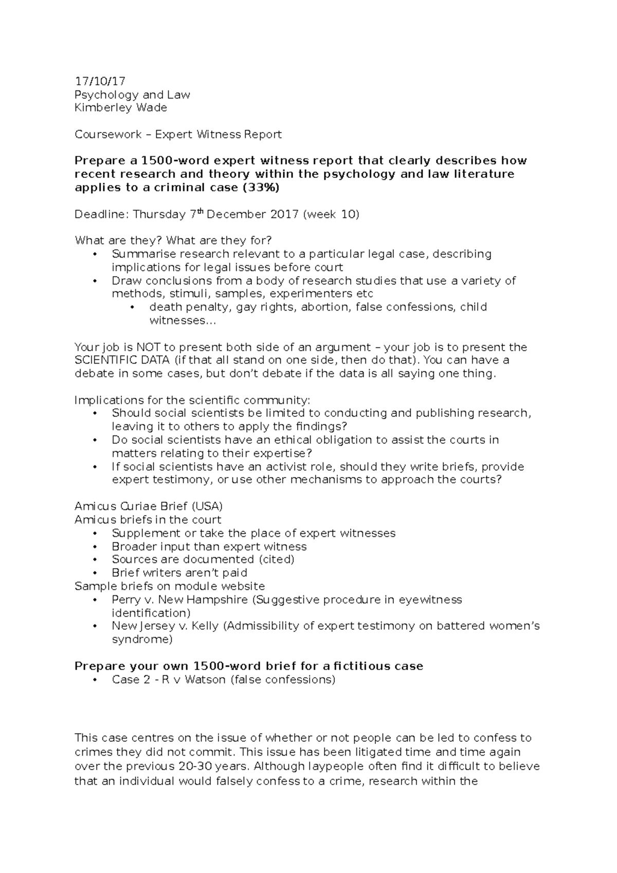 Seminar week 3 notes - 17/10/17 Psychology and Law Kimberley Wade ...