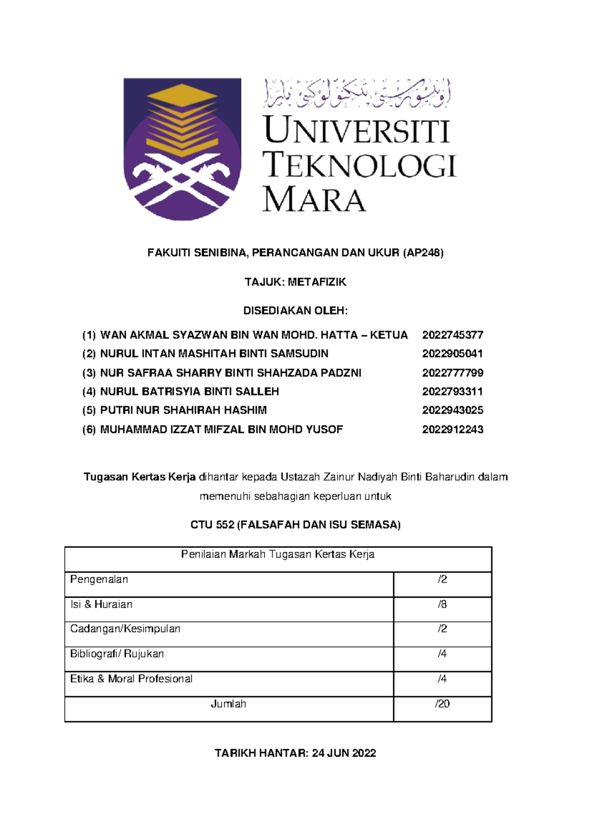 AP248 Kumpulan 2 CTU 552 Kertas Kerja Metafizik - FAKUlTI SENIBINA ...