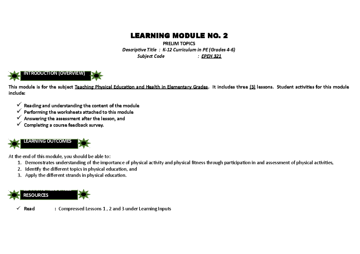 EPEH 321 Midterm - Physical Education - LEARNING MODULE NO. 2 PRELIM ...