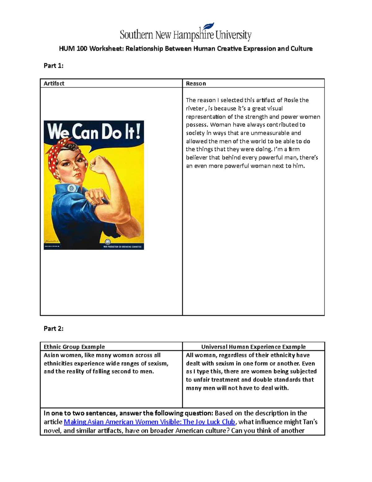 7-4-1 HUM 100 Worksheet Relationship Between Human Creative Expression ...