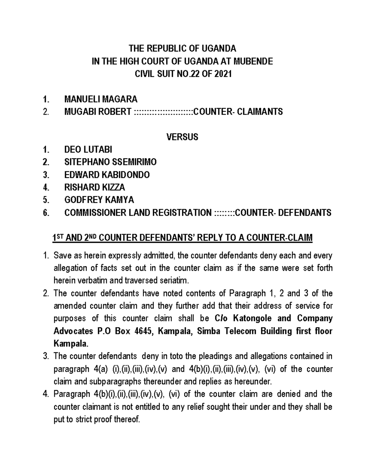 Reply TO A Counter- Claim - THE REPUBLIC OF UGANDA IN THE HIGH COURT OF ...