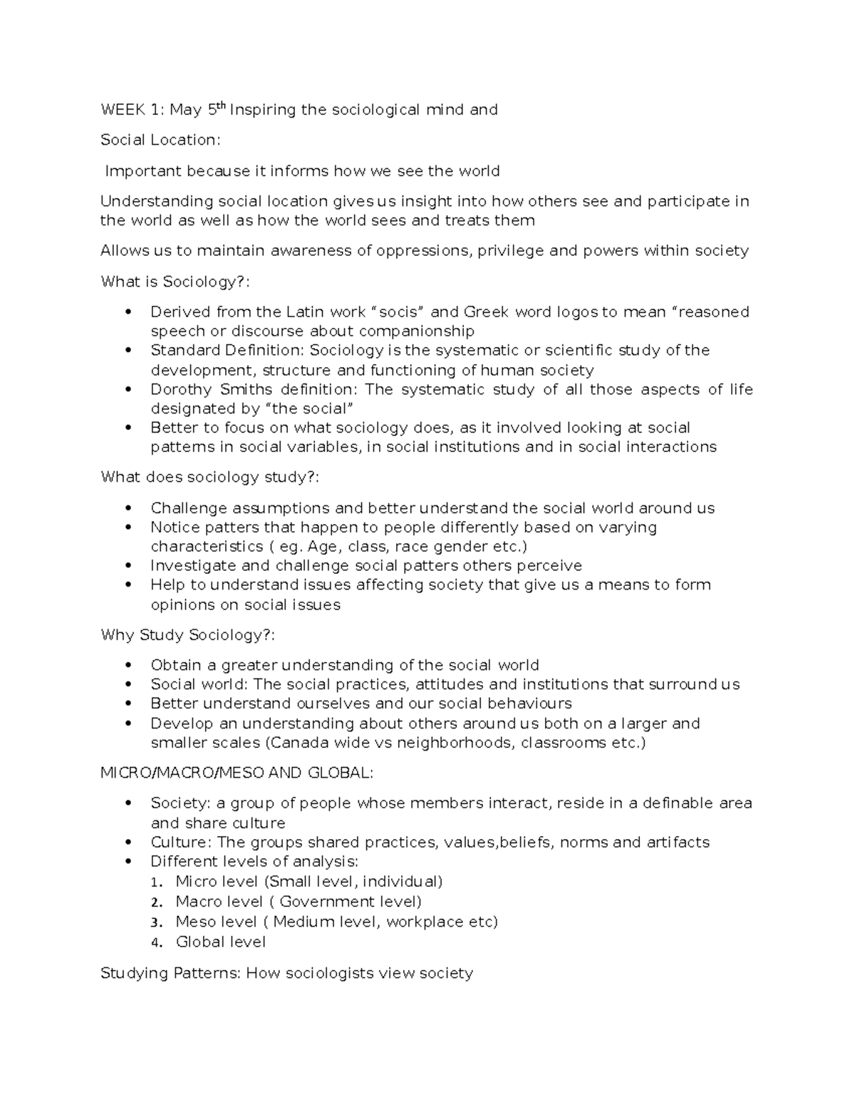 Notes (Auto Recovered) - WEEK 1: May 5th Inspiring the sociological ...
