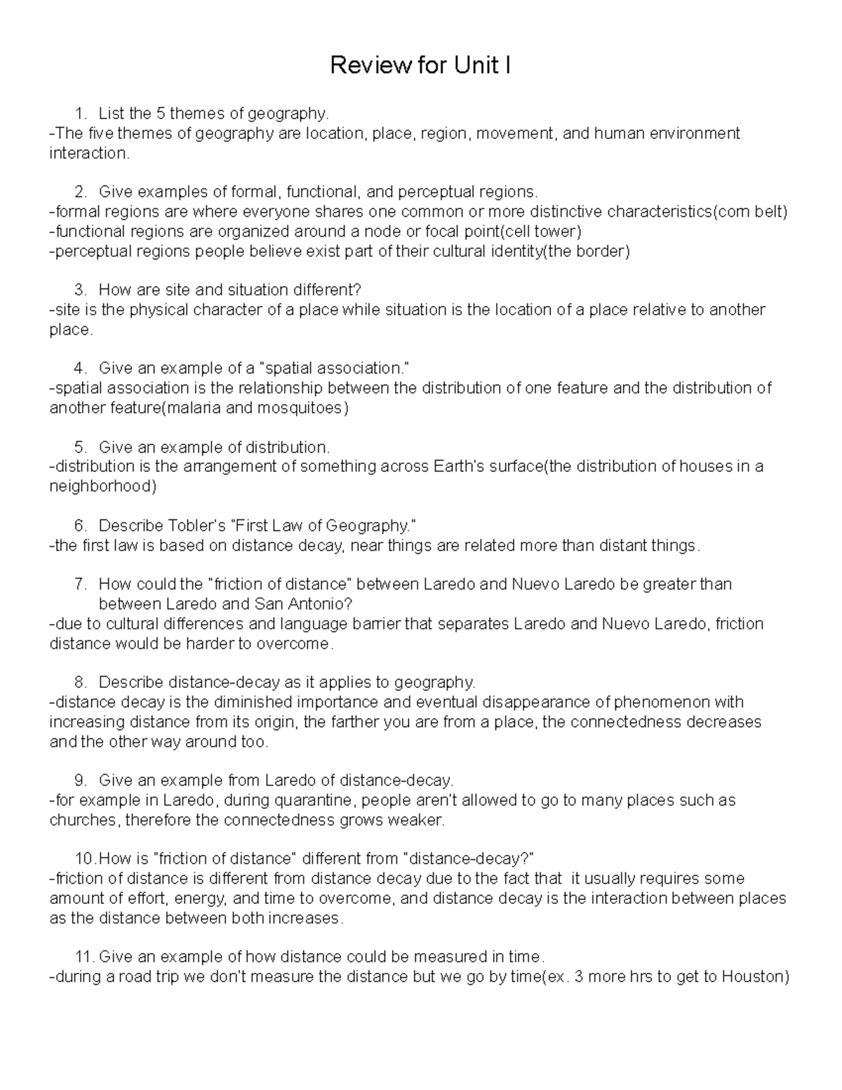 AP Human Geo- Unit I - Review for Unit I List the 5 themes of geography ...