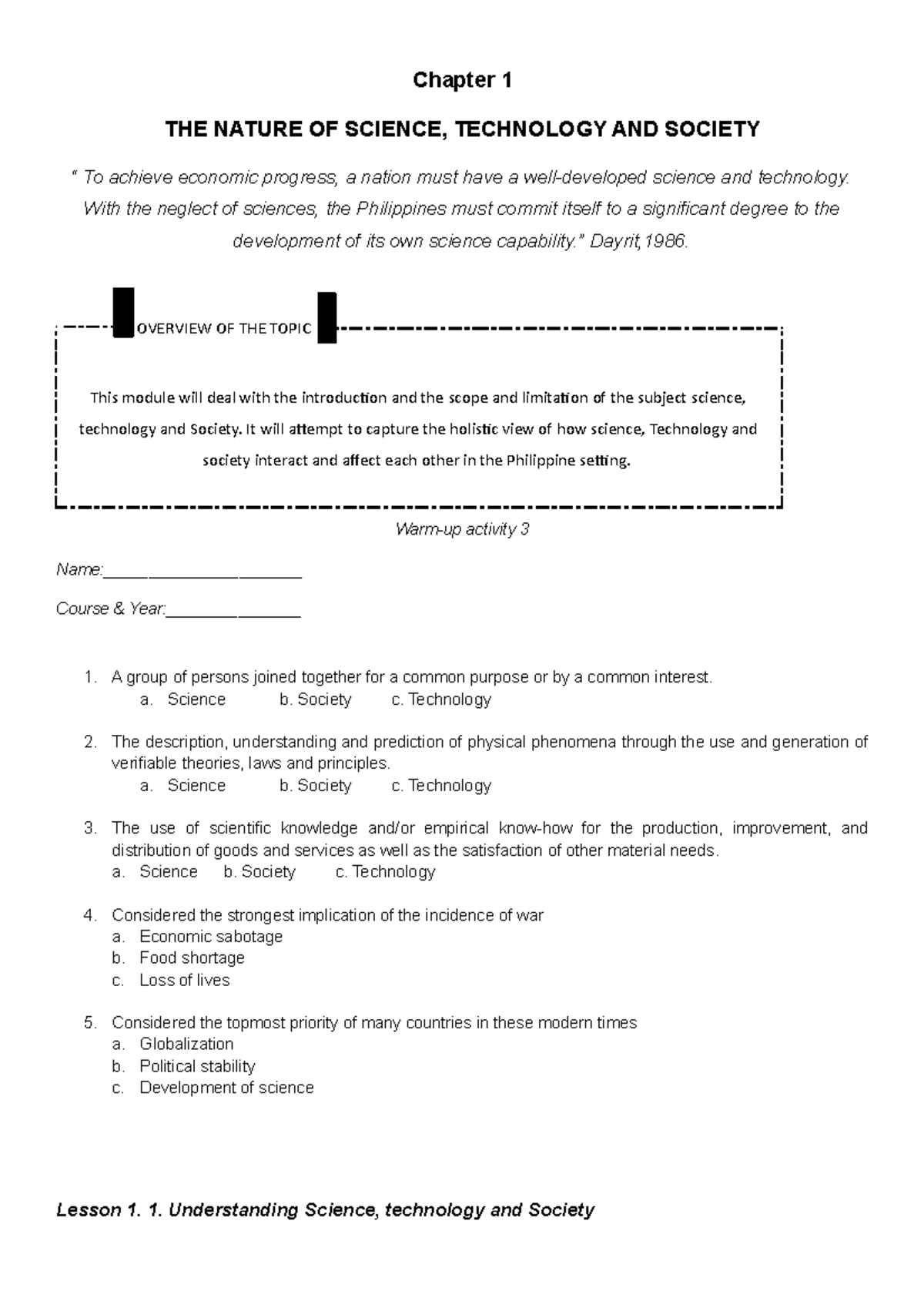 Chapter 1 - Lecture notes 1.THE NATURE OF SCIENCE, TECHNOLOGY AND ...