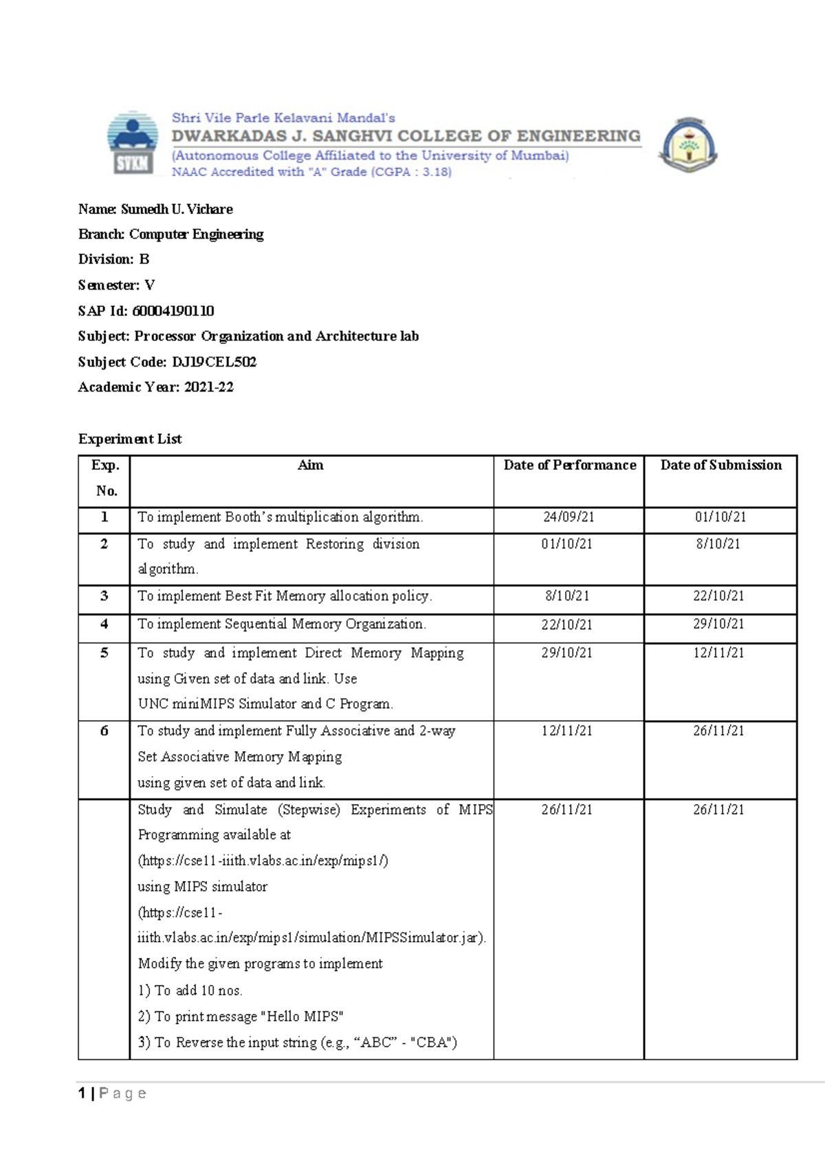 60004190110 POA All Exps - 1 | P a g e Name: Sumedh U. Vichare Branch ...