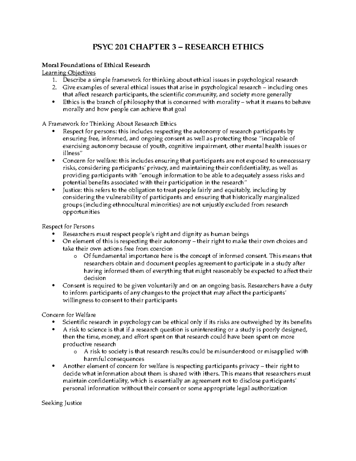Psyc 201 chapter 3 reading - PSYC 201 CHAPTER 3 – RESEARCH ETHICS Moral ...