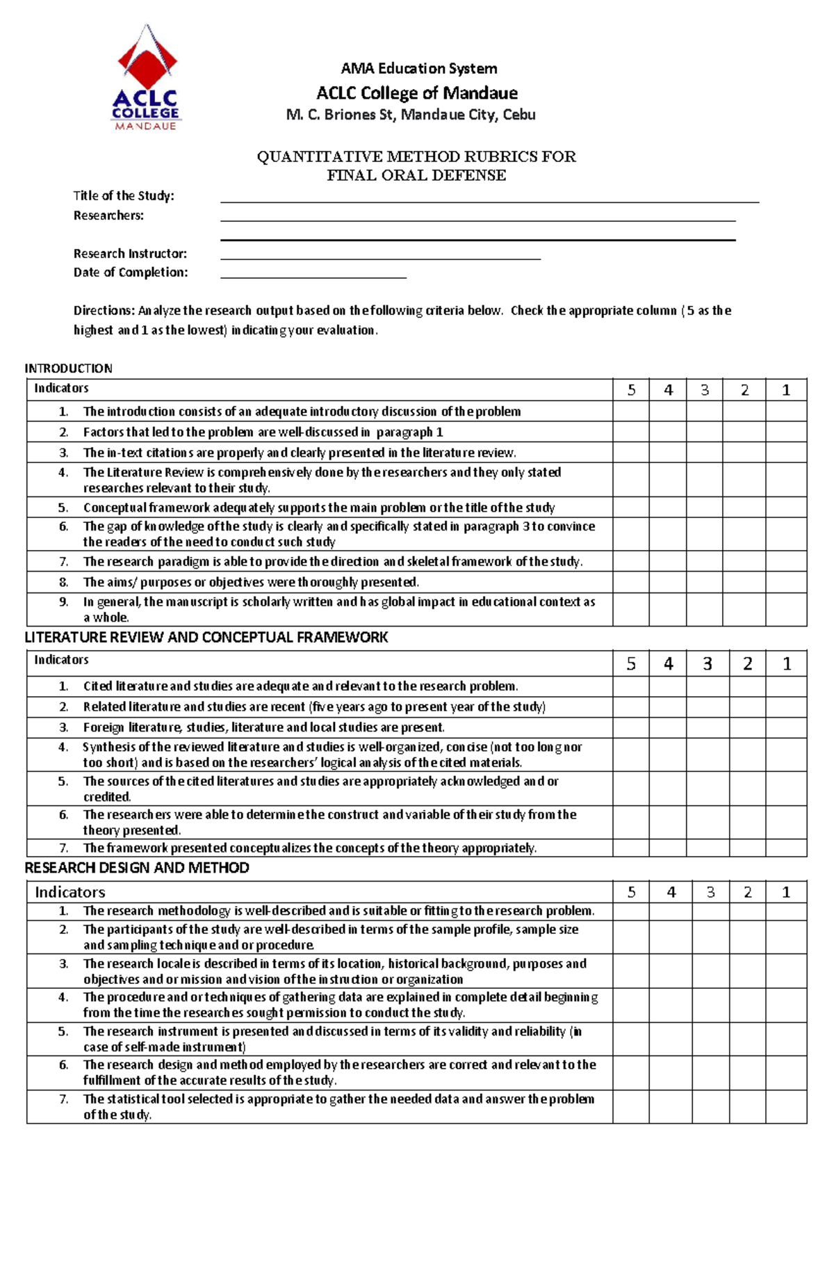 Quantitative Methods Rubric FOR ORAL Defense - AMA Education System ...